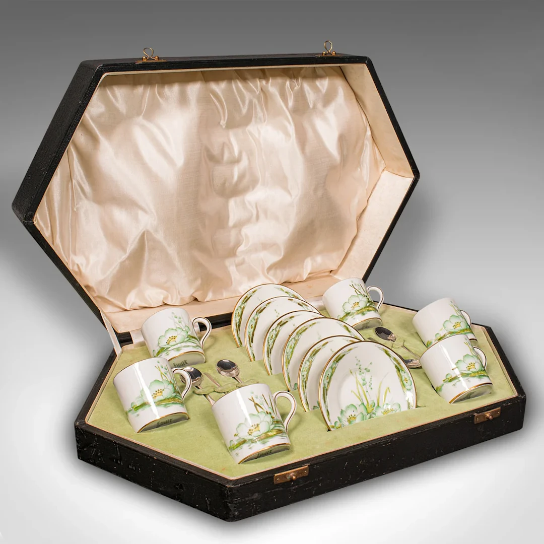 Vintage Cased Tea Set, English Ceramic, Coffee Cans, Silver Spoon
