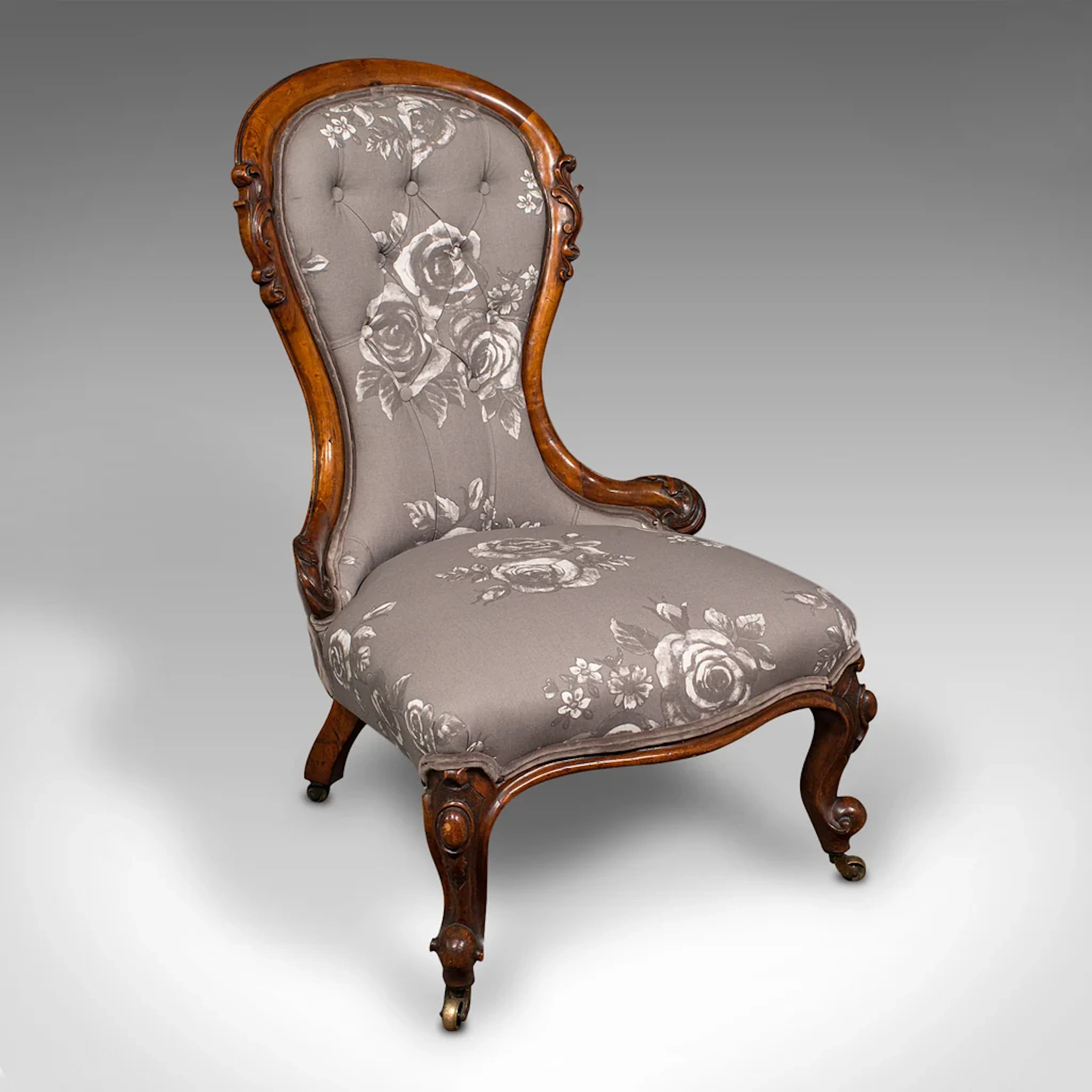 Antique Button Back Salon Chair, English, Walnut, Spoon, Seat, Victorian