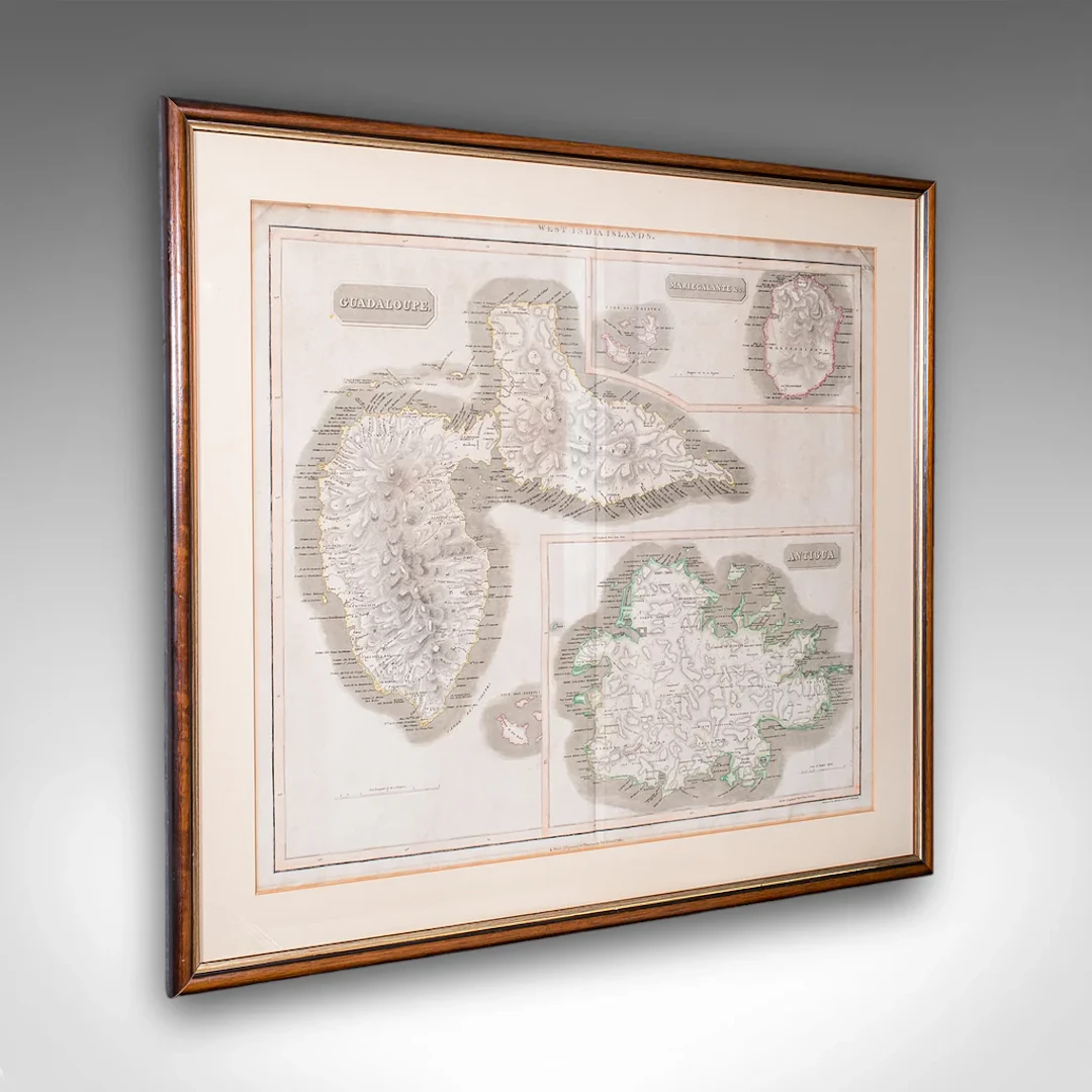Large Antique Caribbean Map, Guadeloupe, Antigua, Scottish, Framed, Georgian