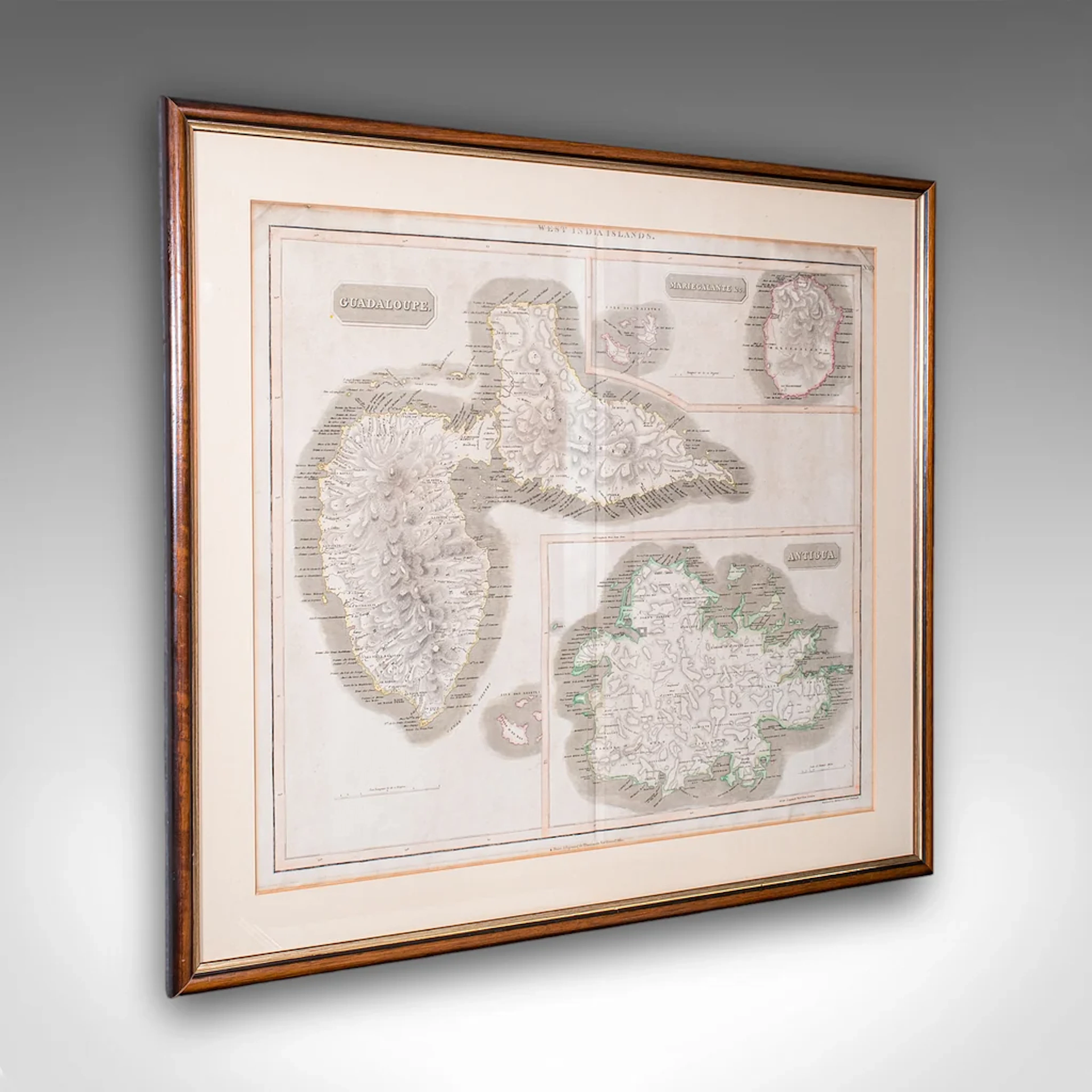 Large Antique Caribbean Map, Guadeloupe, Antigua, Scottish, Framed, Georgian
