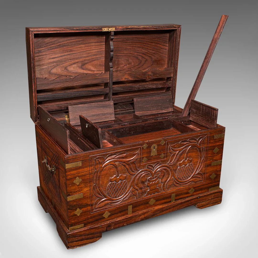 Antique Celebration Chest, Indian, Teak, Brass, Trunk, Coffee Table, Victorian
