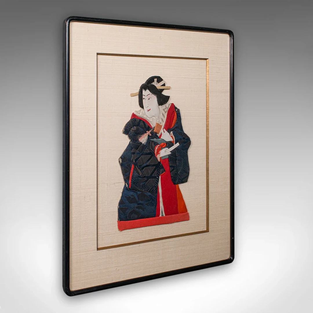 Vintage Geisha Portrait, Japanese Textile Relief Costume Picture