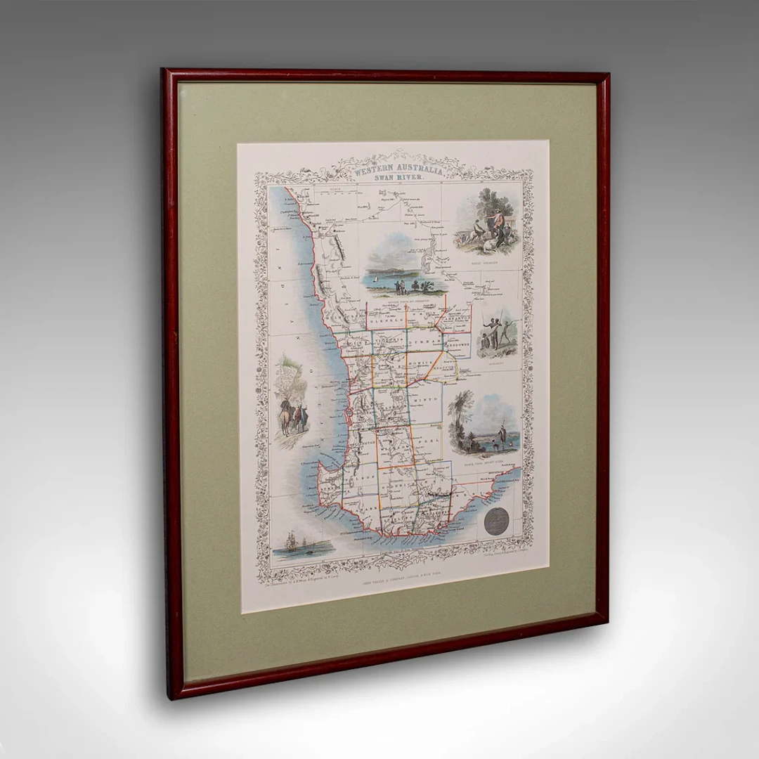 Vintage Western Australia Map, Framed Print, Swan River, John Tallis