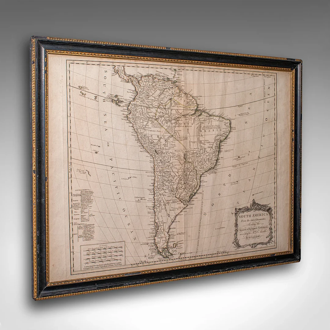 Antique South America Map, English, Framed Cartography, De La Rochette