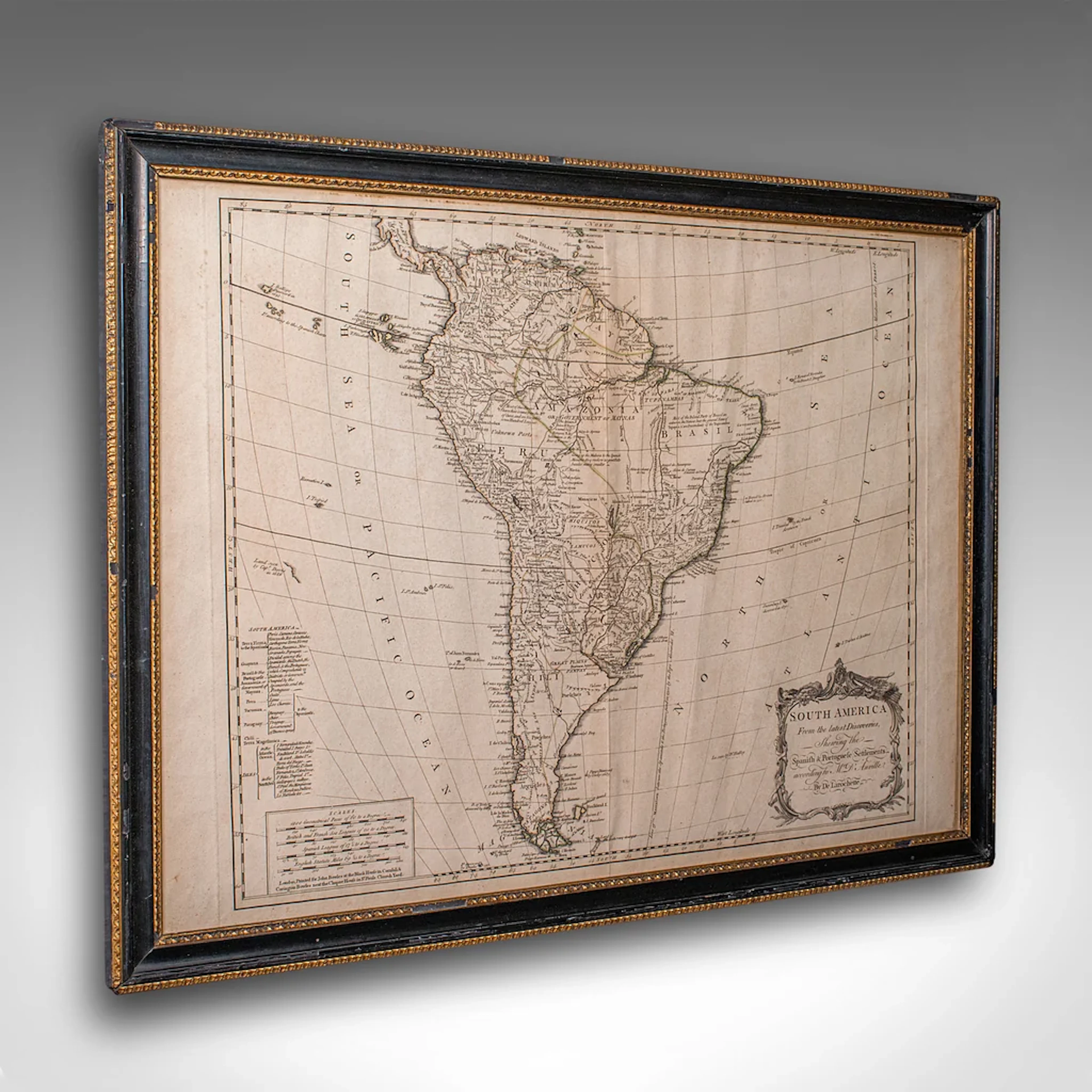 Antique South America Map, English, Framed Cartography, De La Rochette