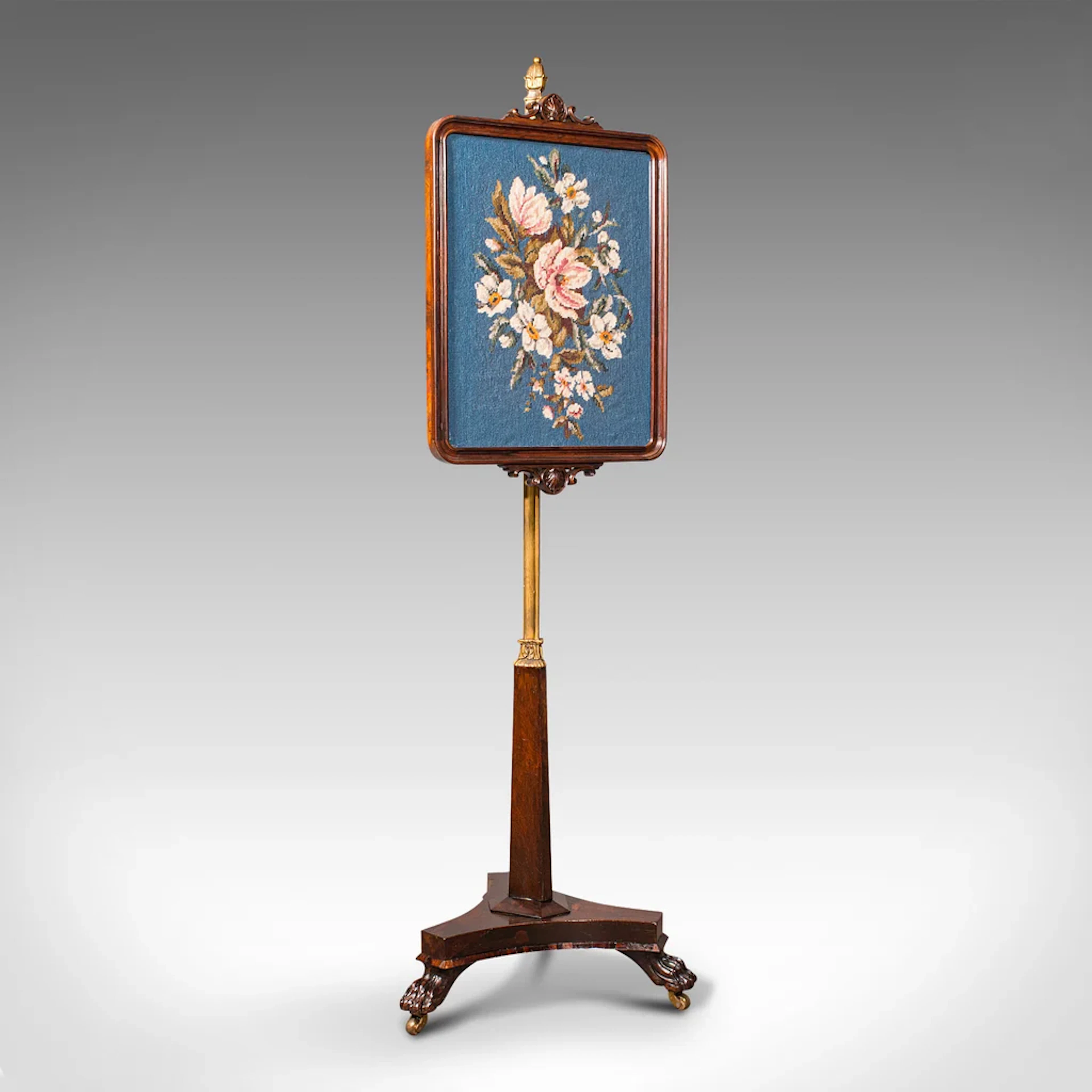 Antique Fireside Pole Screen, English, Rosewood, Needlepoint, William