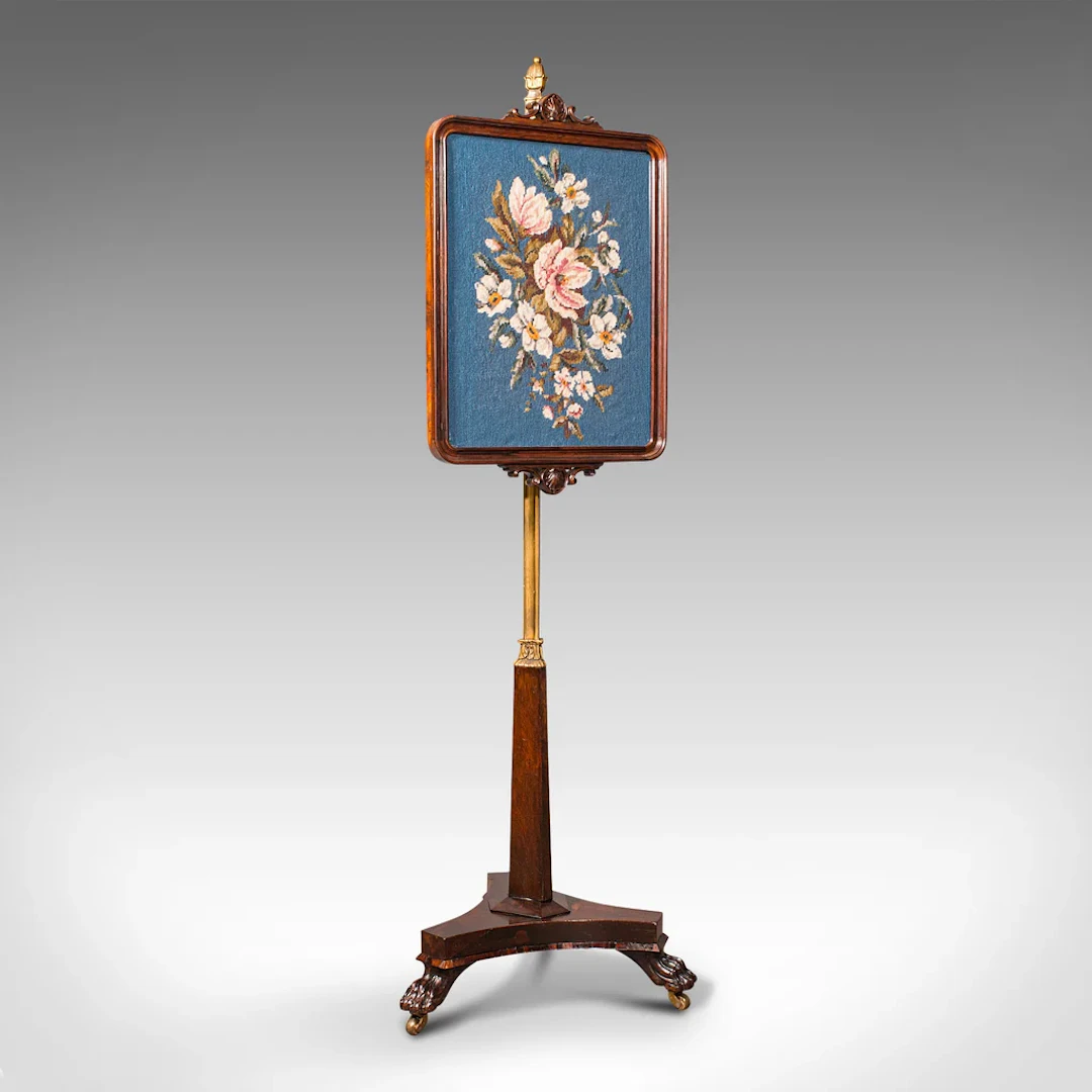 Antique Fireside Pole Screen, English, Rosewood, Needlepoint, William
