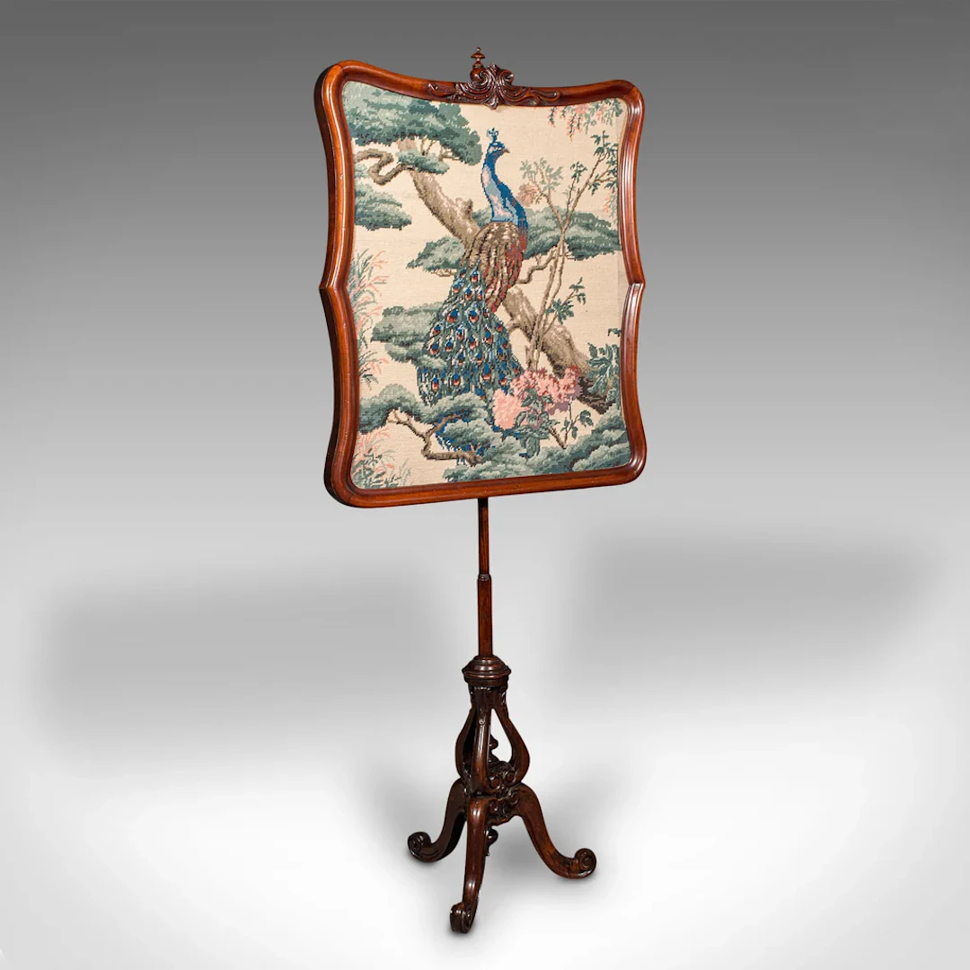 Antique Fireside Pole Screen, English, Walnut, Tapestry, Adjustable, Regency