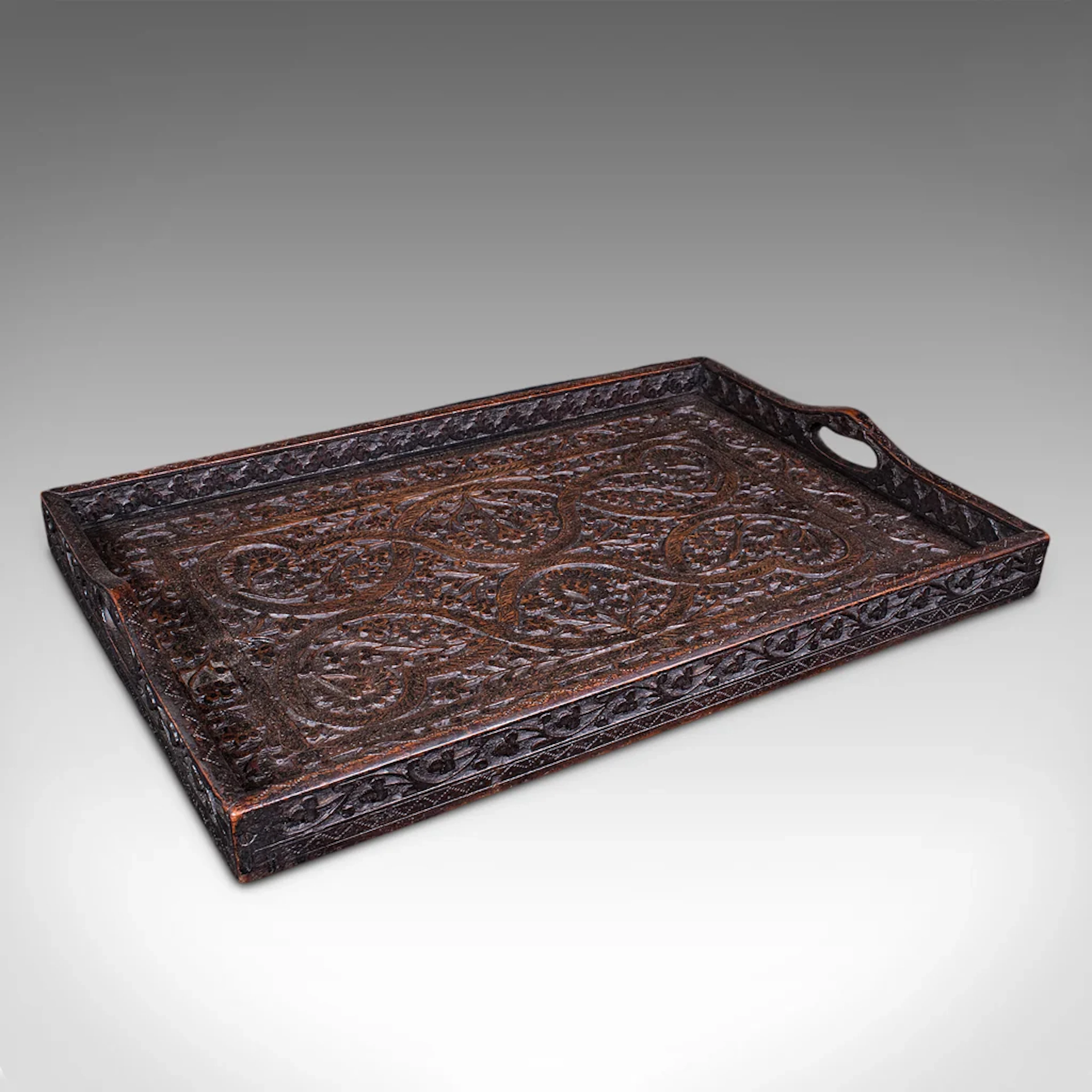 Antique Carved Serving Tray, Anglo-Indian, Afternoon Tea Platter