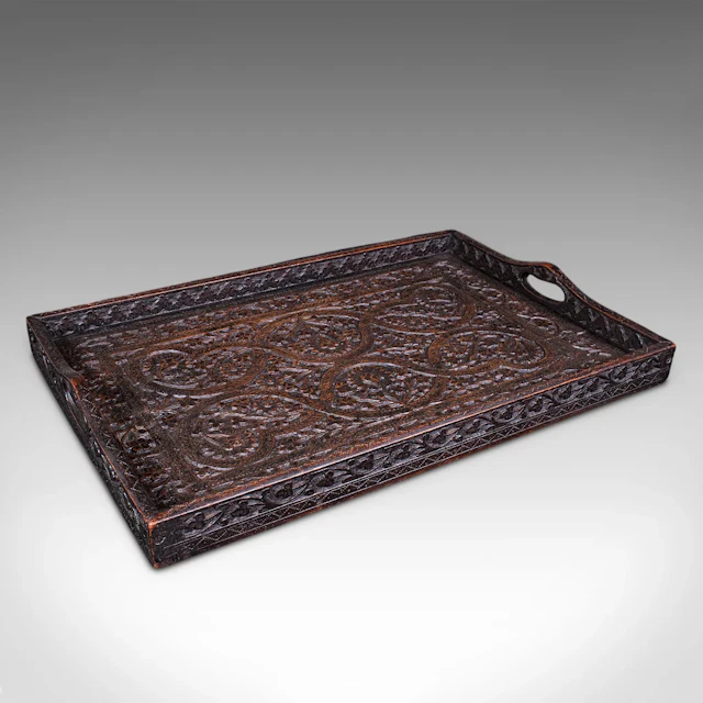 Antique Carved Serving Tray, Anglo-Indian, Afternoon Tea Platter