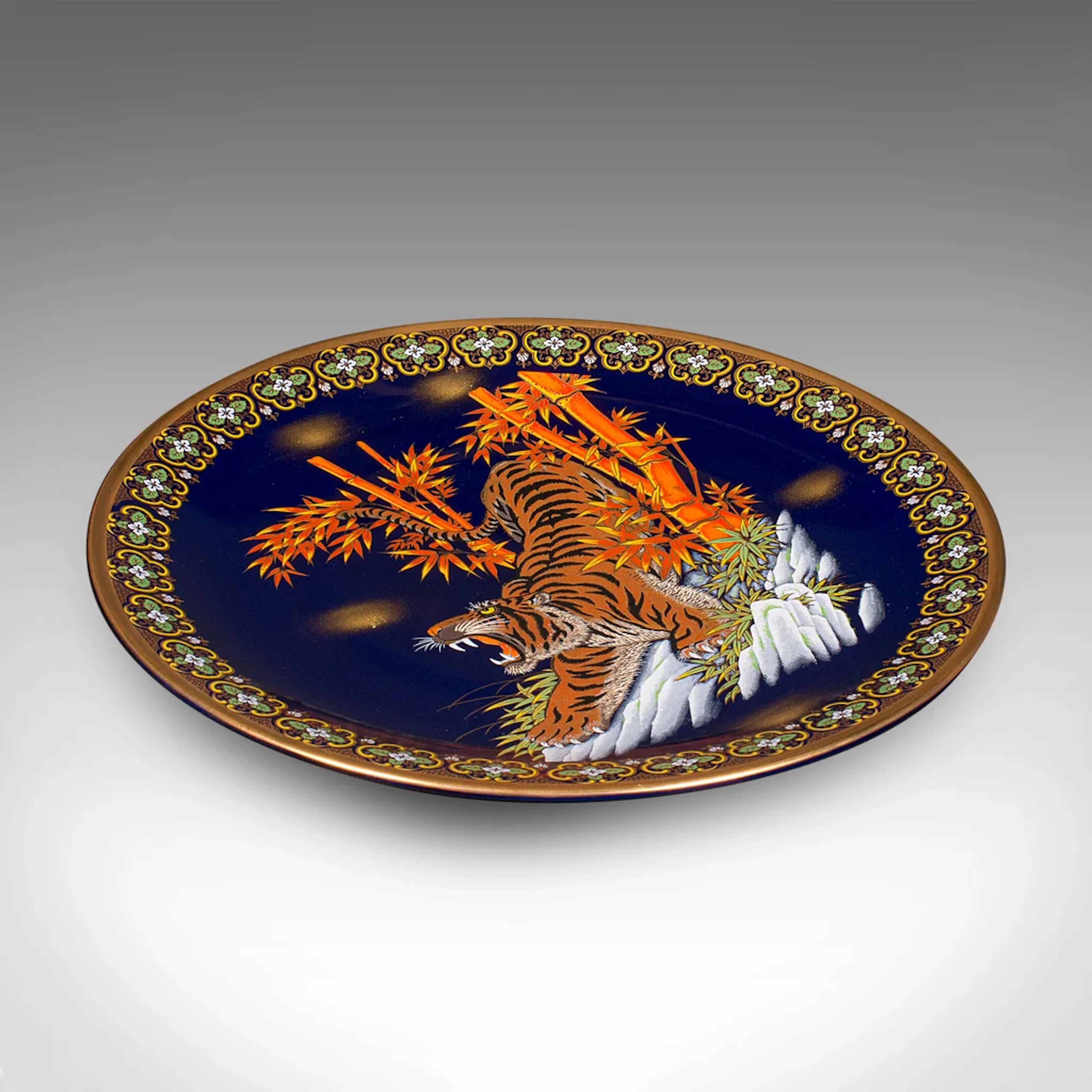 Large Vintage Tiger Charger, Chinese, Lacquer Ceramic, Display Plate