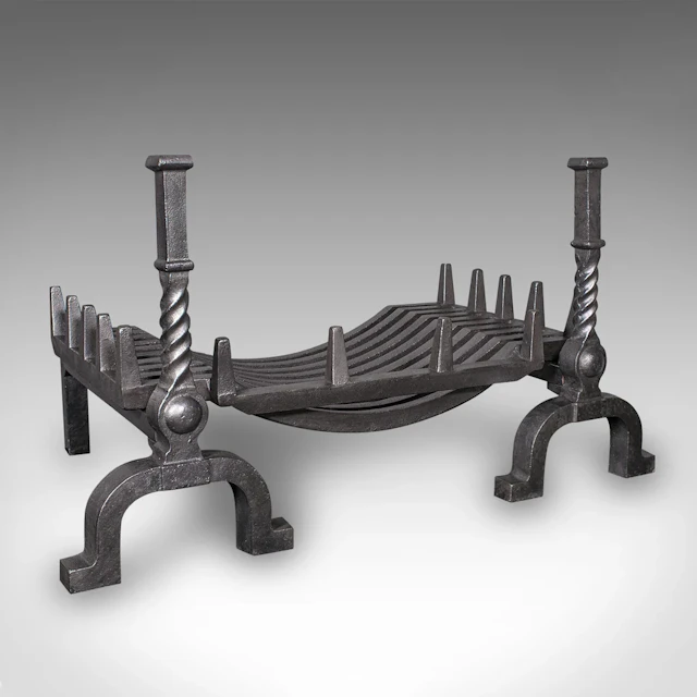 Antique Fireplace Set, English Cast Iron, Fire Basket, Andirons, Edwardian