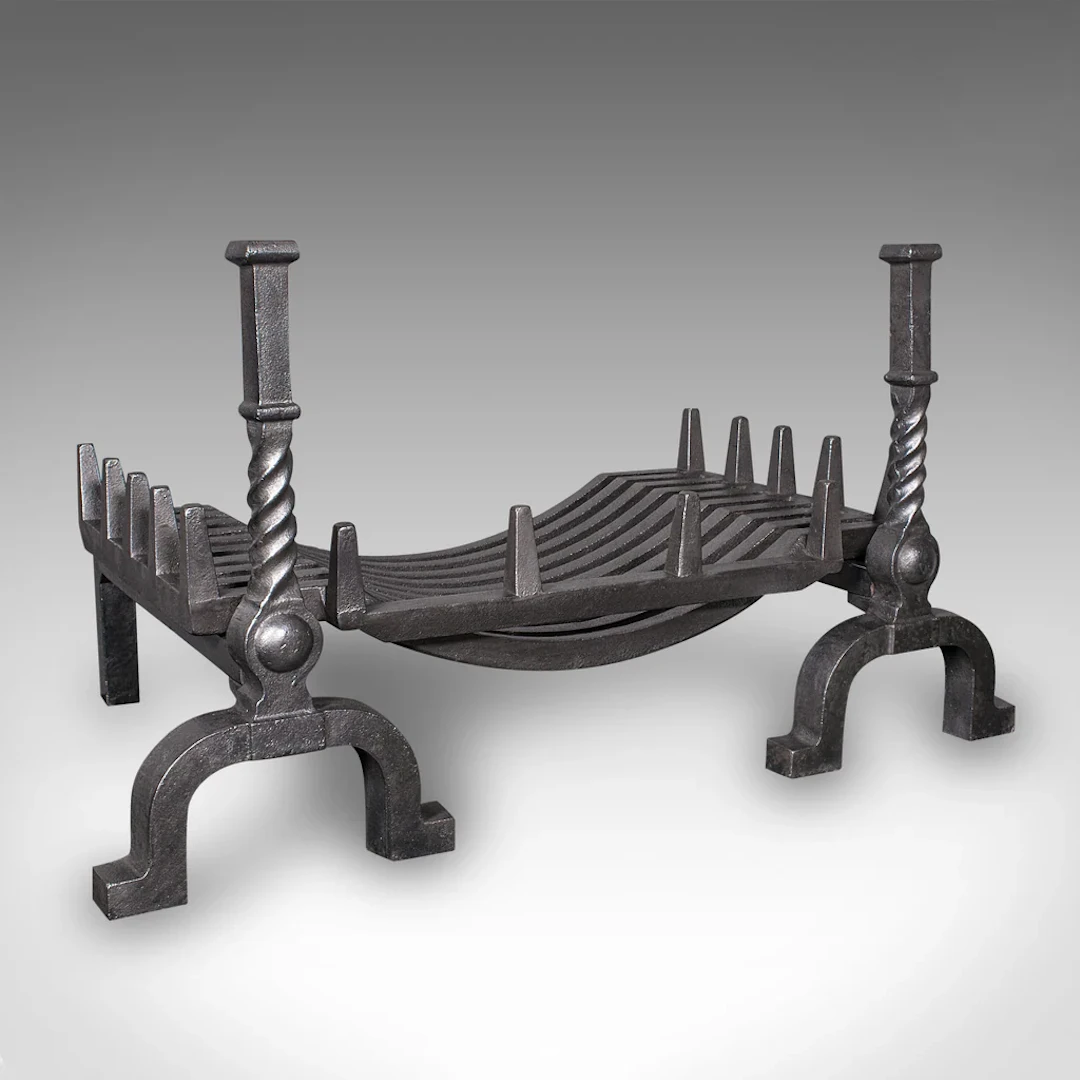 Antique Fireplace Set, English Cast Iron, Fire Basket, Andirons, Edwardian