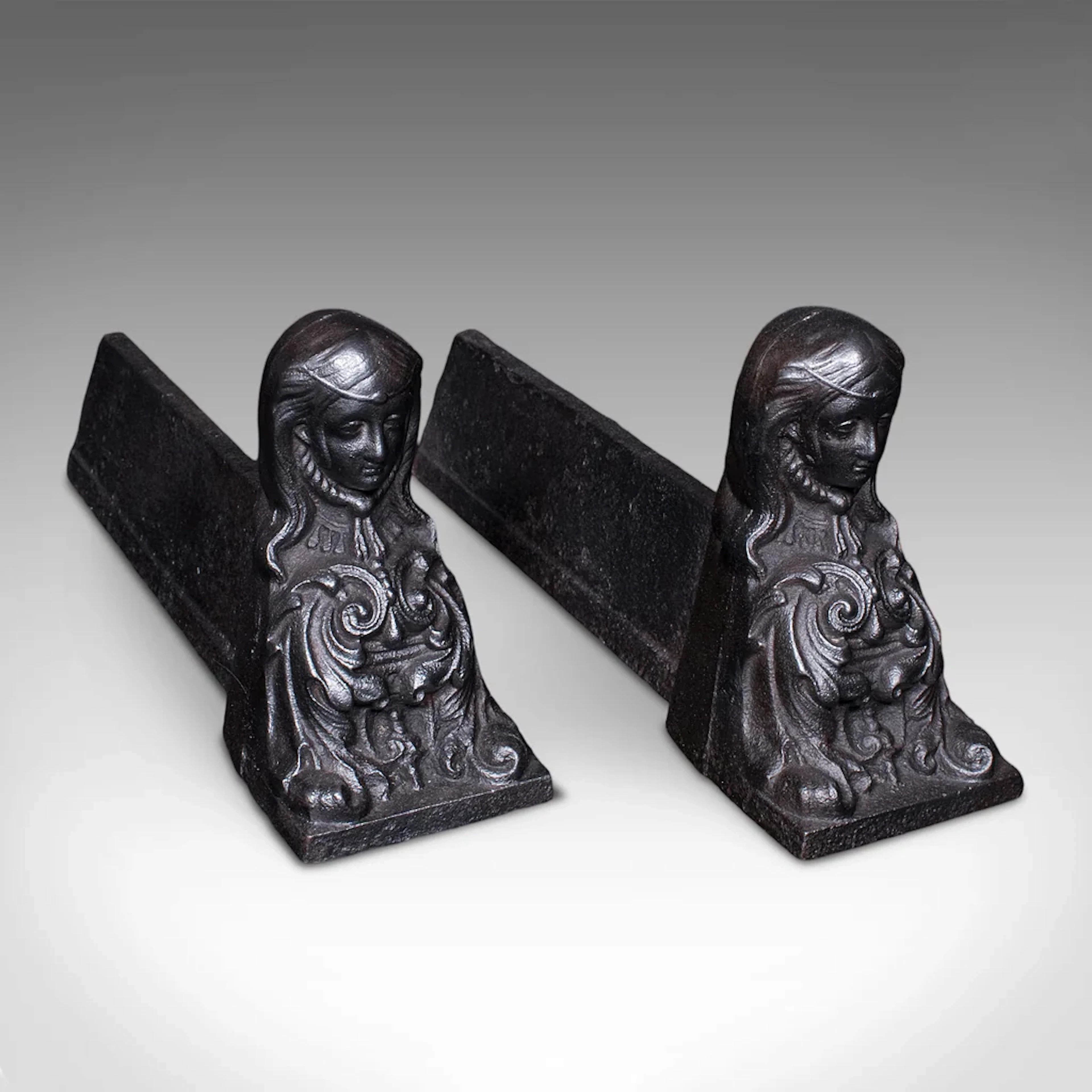 Pair of Antique Figural Fireplace Chenets, French, Great Exhibition, Victorian