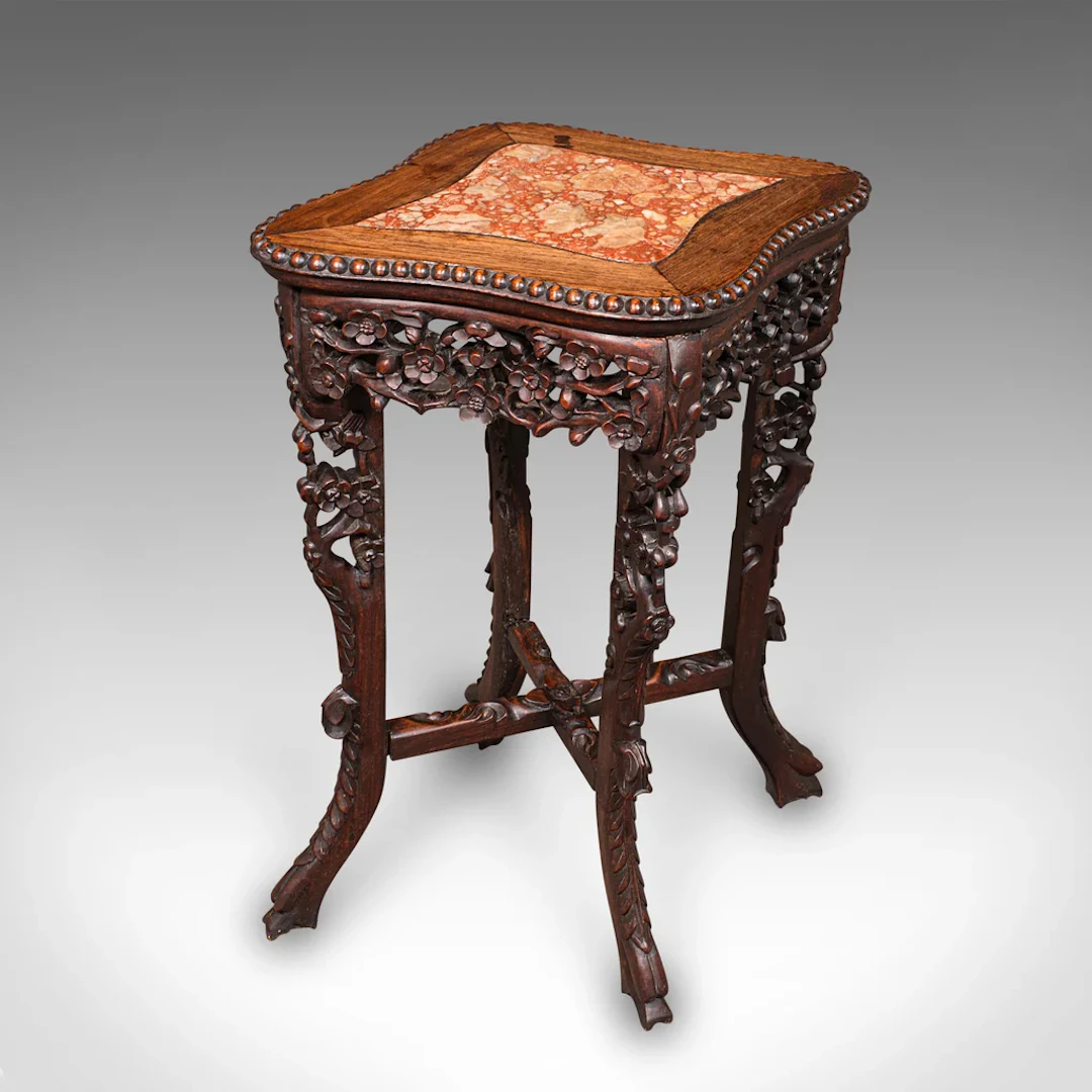 Small Antique Jardiniere Stand, Oriental, Marble, Wine, Lamp Table, Victorian