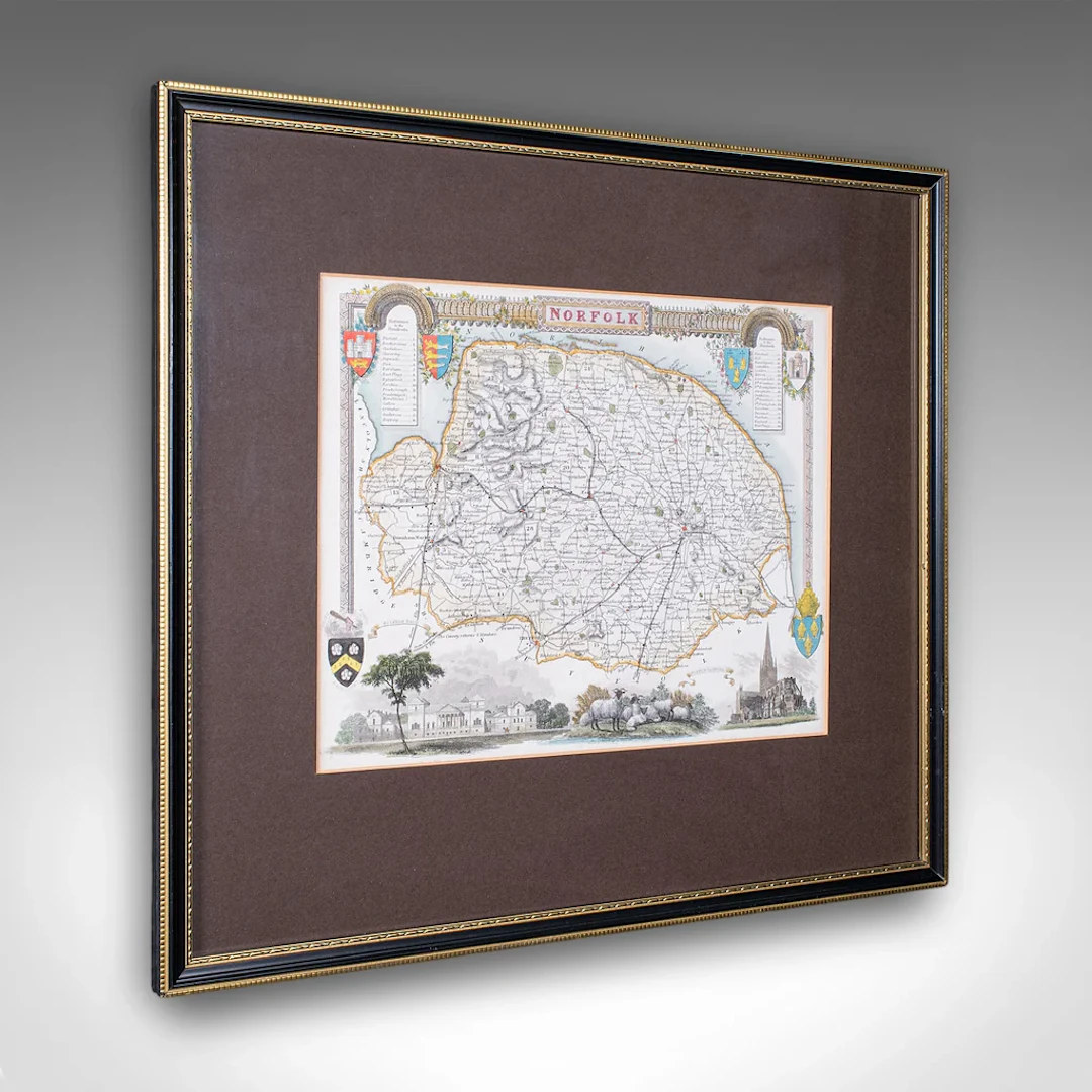 Vintage Norfolk County Map, English, Framed, Cartography, After Thomas Moule