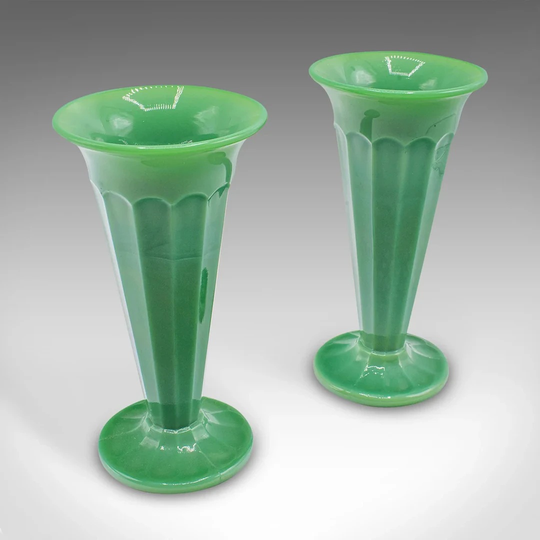 Pair Of Vintage Trumpet Vases, English, Cloud Glass, Flower Sleeve, Art Deco
