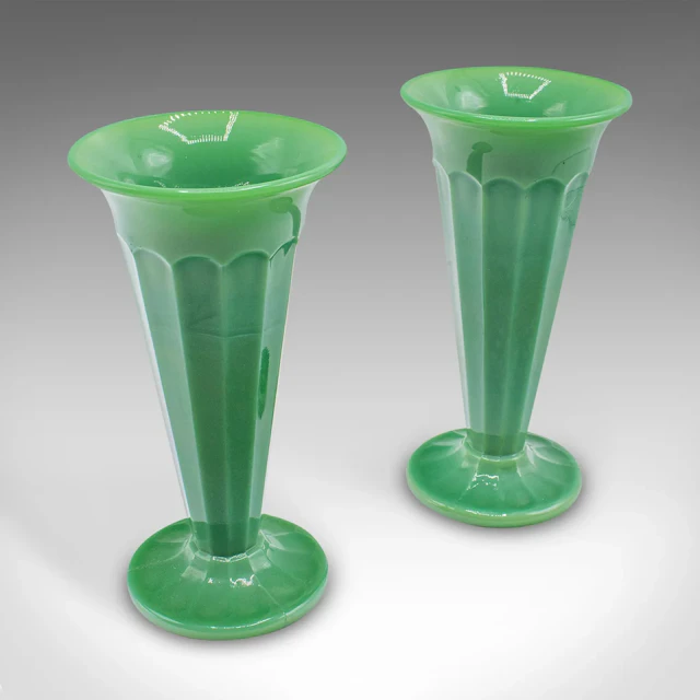 Pair Of Vintage Trumpet Vases, English, Cloud Glass, Flower Sleeve, Art Deco