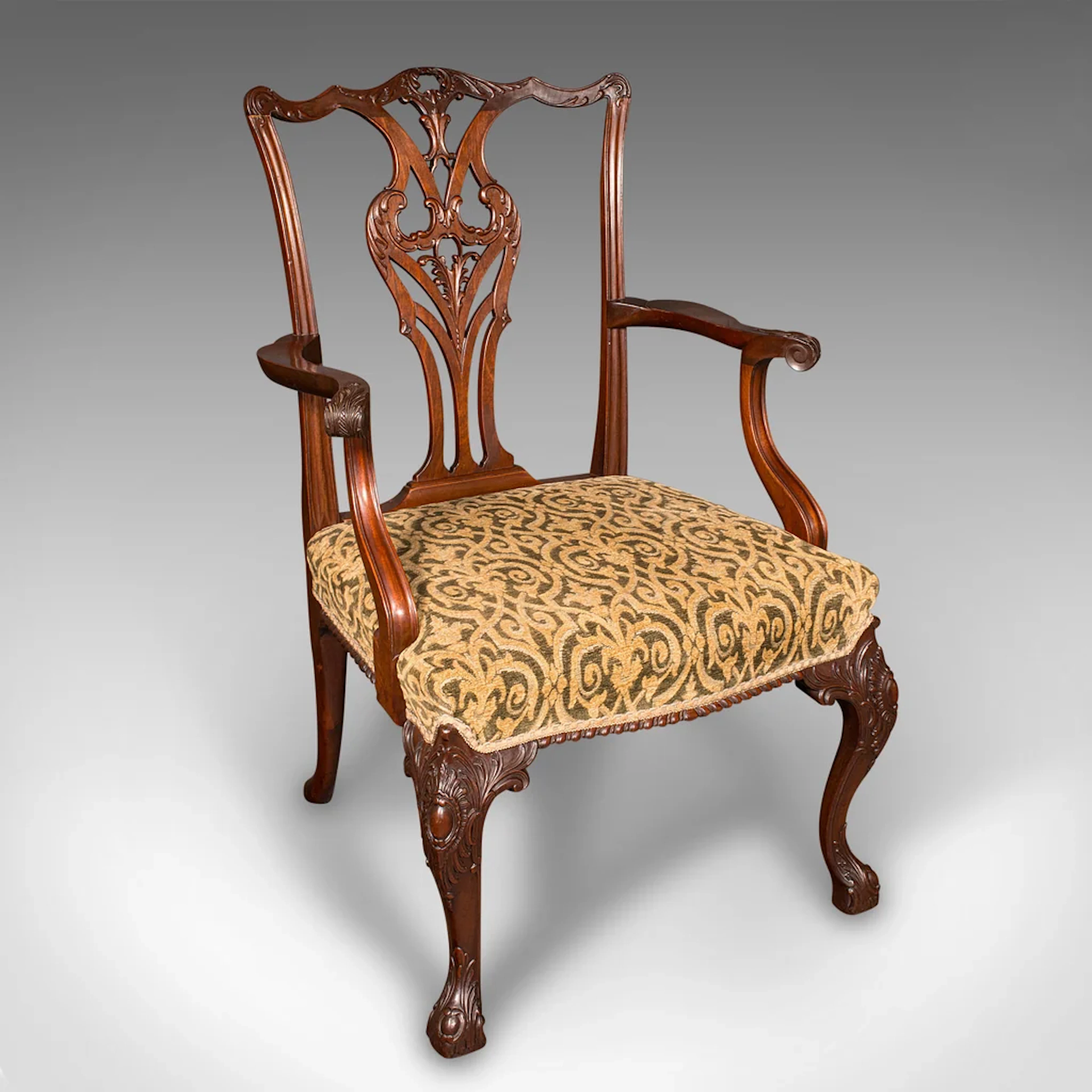 Antique Drawing Room Armchair, English, Elbow Chair, Chippendale Revival