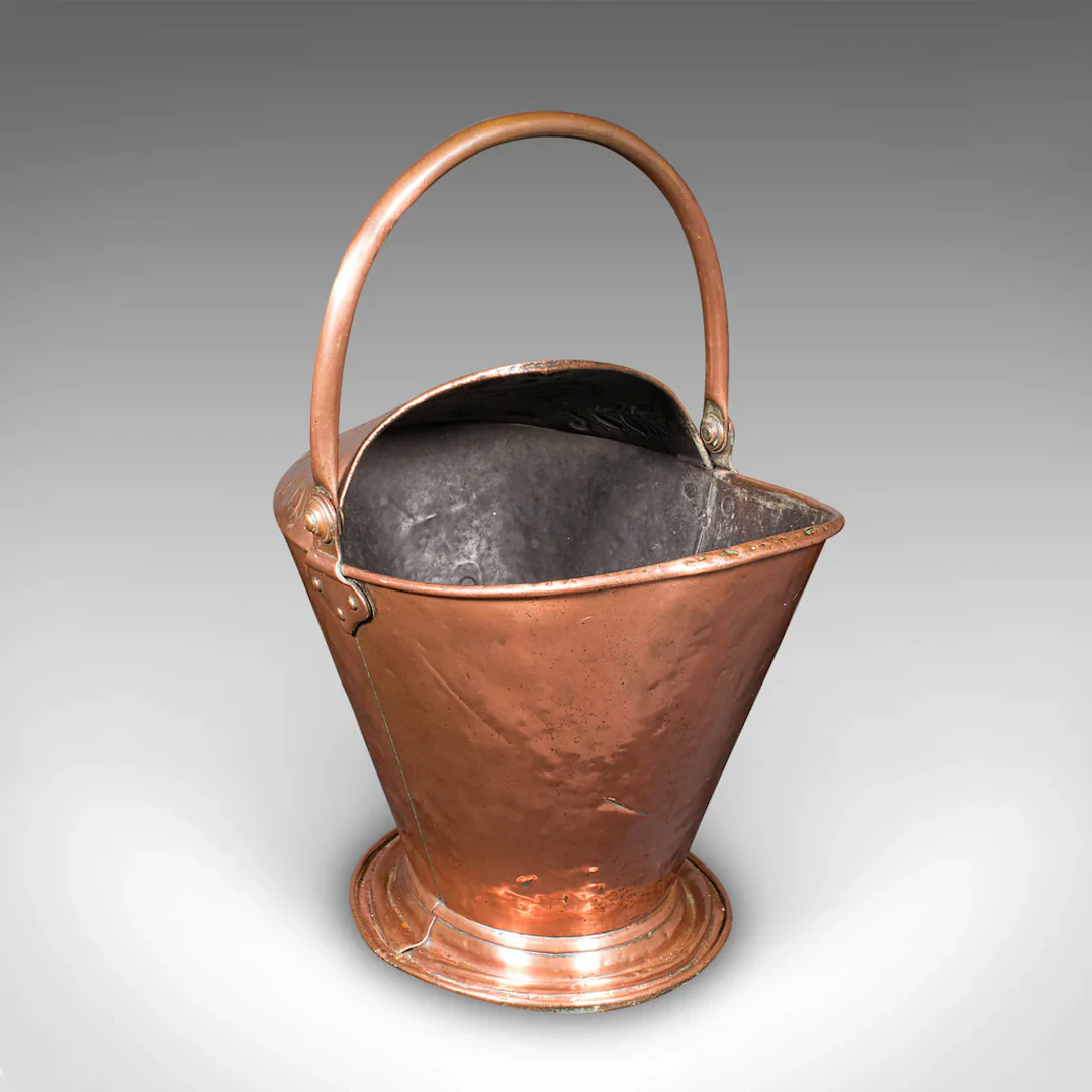 Antique Fireplace Coal Scuttle, English Copper, Basket, Art Nouveau, Victorian