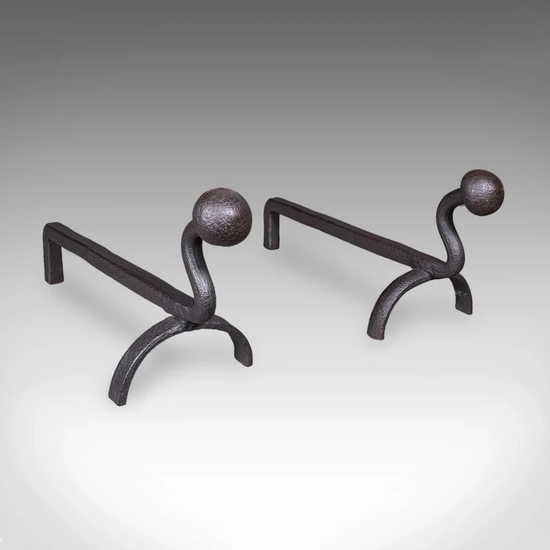 Pair of Antique Andirons, English, Wrought Iron, Fire Dog, Blacksmith