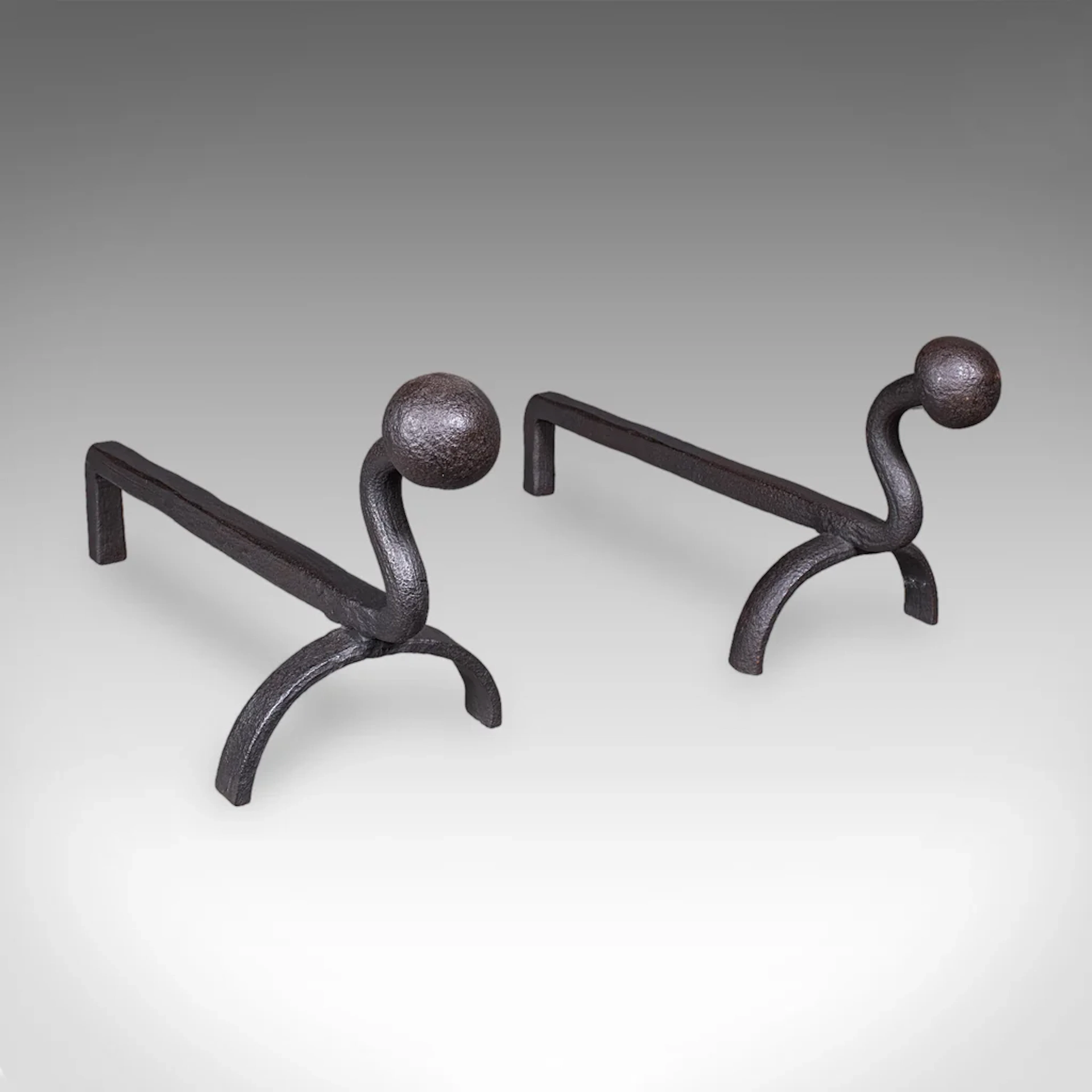Pair of Antique Andirons, English, Wrought Iron, Fire Dog, Blacksmith