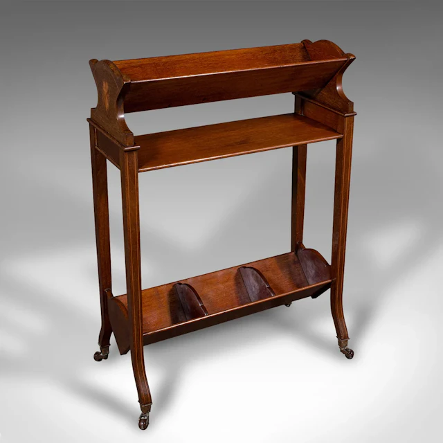 Antique Book Trough Stand, English, Walnut, Boxwood, Lounge Bookcase, Edwardian