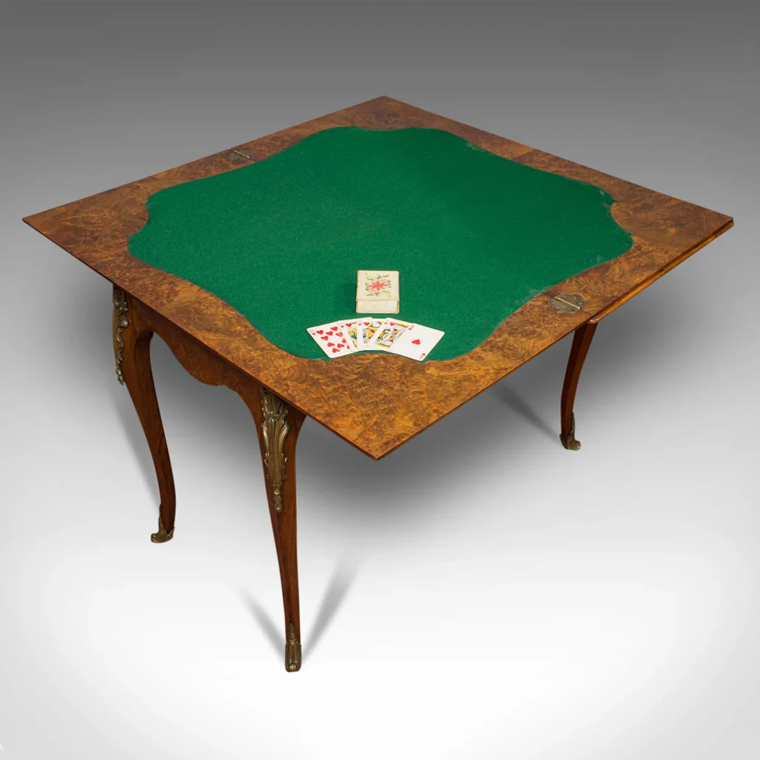 Antique Card Table, French, Burr Walnut, Fold Over, Games, Victorian