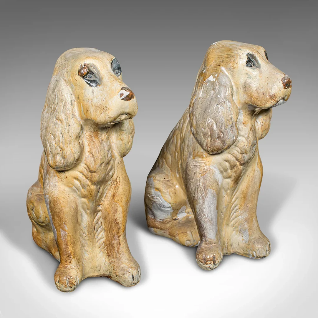 Pair Of Antique Cocker Spaniel Figures, English, Plaster, Doorstops, Edwardian
