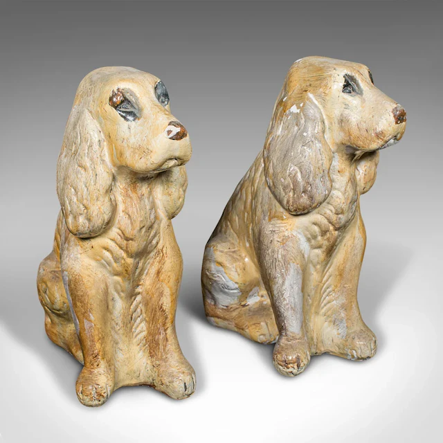 Pair Of Antique Cocker Spaniel Figures, English, Plaster, Doorstops, Edwardian