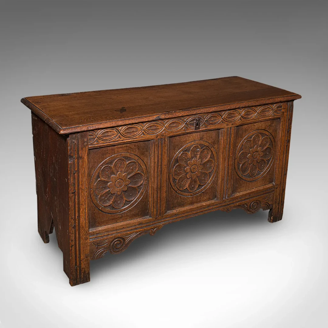 Antique Linen Chest, English, Carved Oak, Coffer, Bay Window Seat, William III