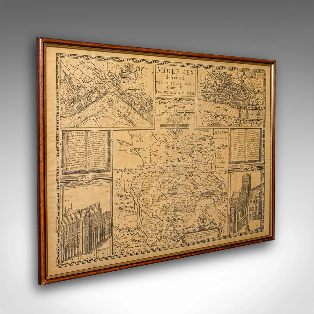 Vintage County Map, Middlesex, English, Framed 16th Century Print, John Norden