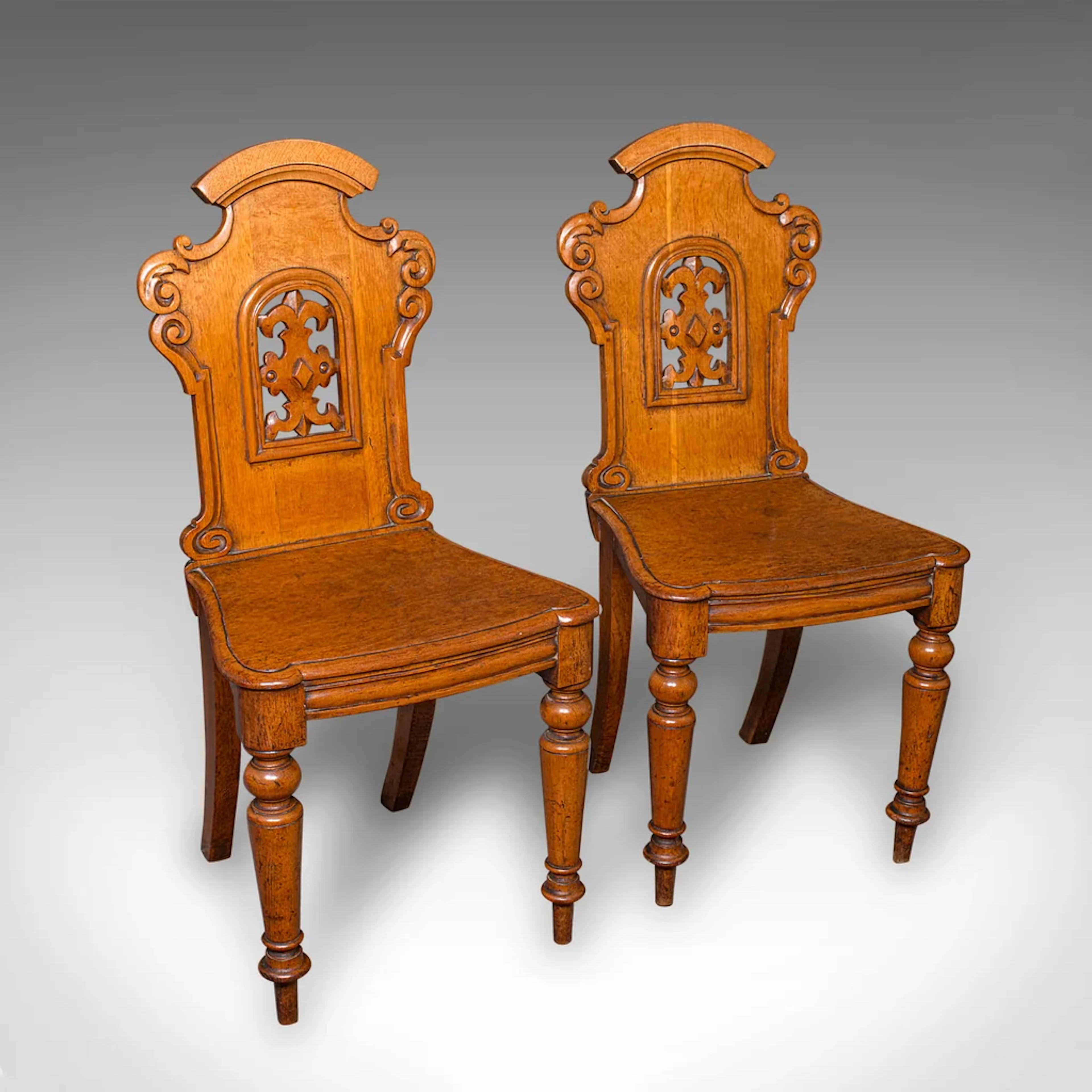 Pair of Antique Hall Chairs, Scottish, Oak, Reception Seats, Regency