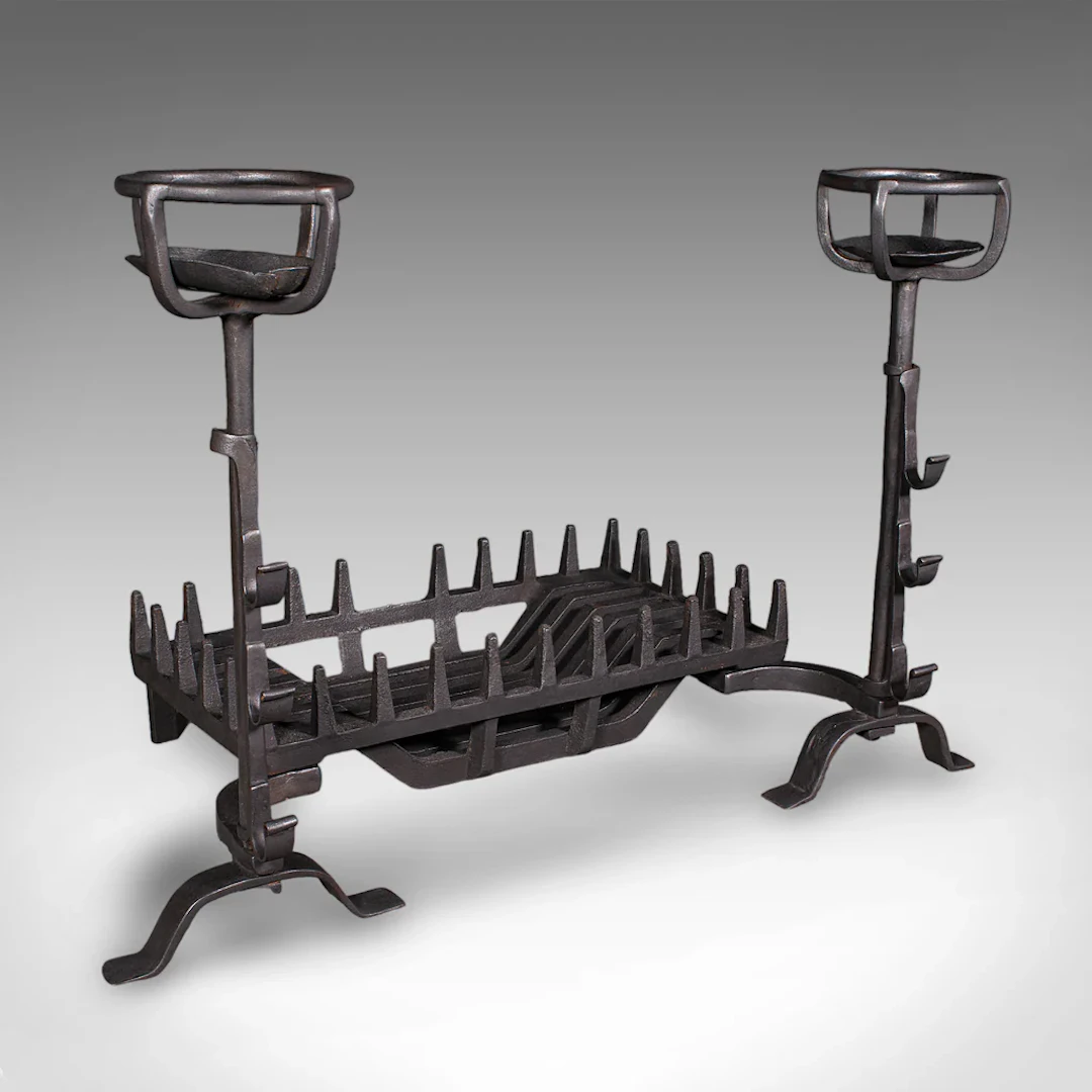 Antique Fireplace Set, English Cast Iron, Fire Basket, Mulling Andiron