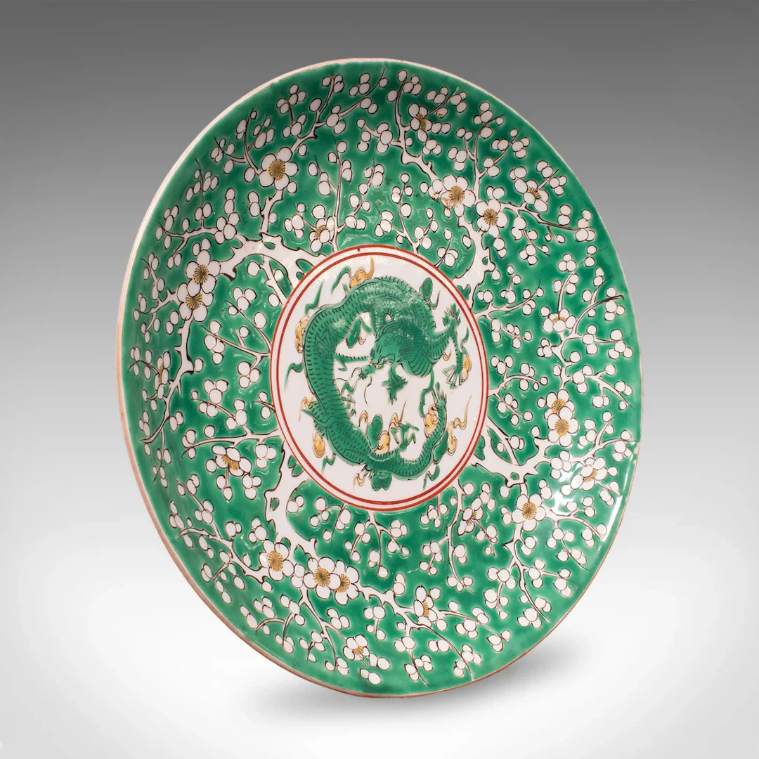 Antique Famille Verte Display Plate, Oriental, Qing Dynasty, Saucer, Victorian