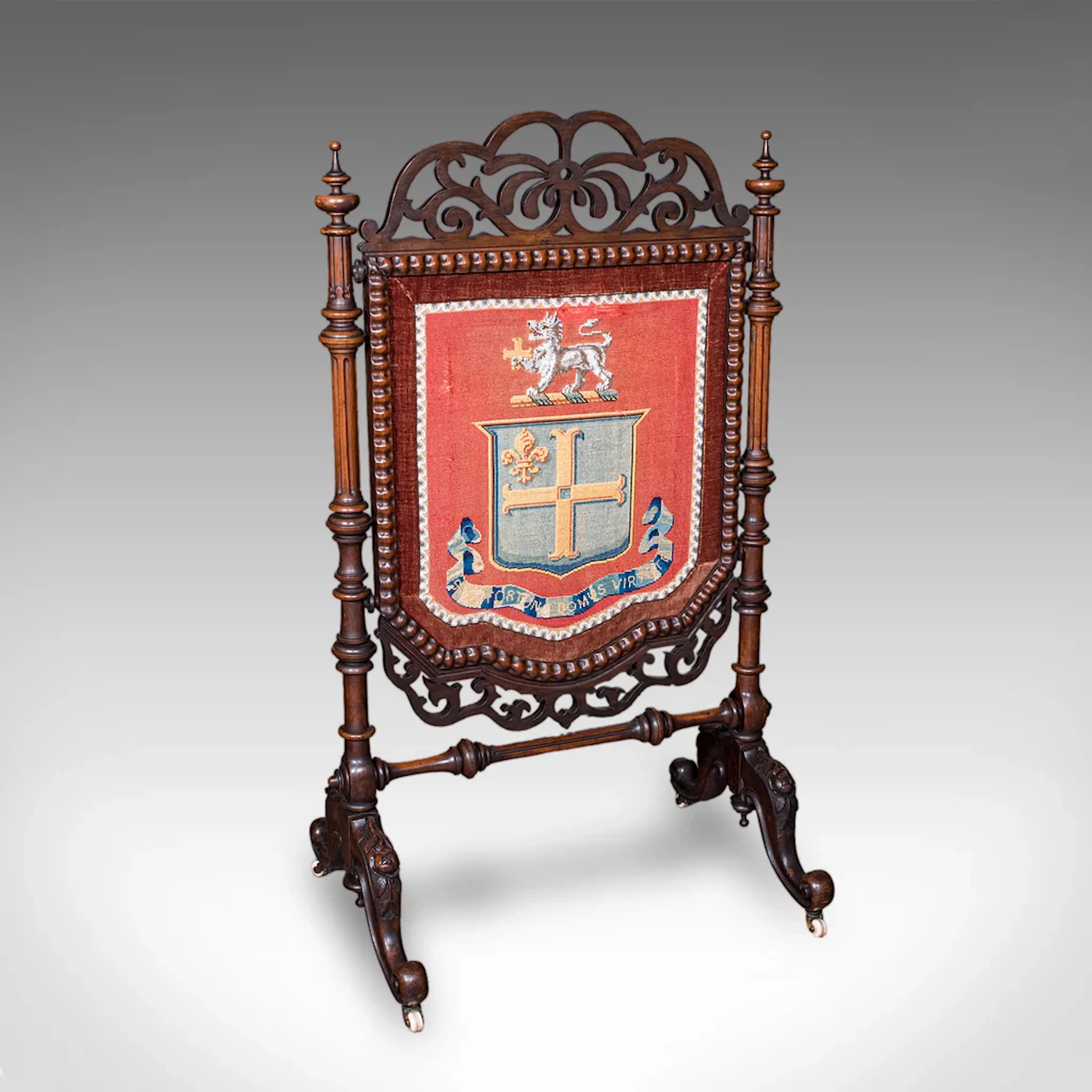 Antique Armorial Embroidered Panel Screen, Irish, Walnut, Needlepoint