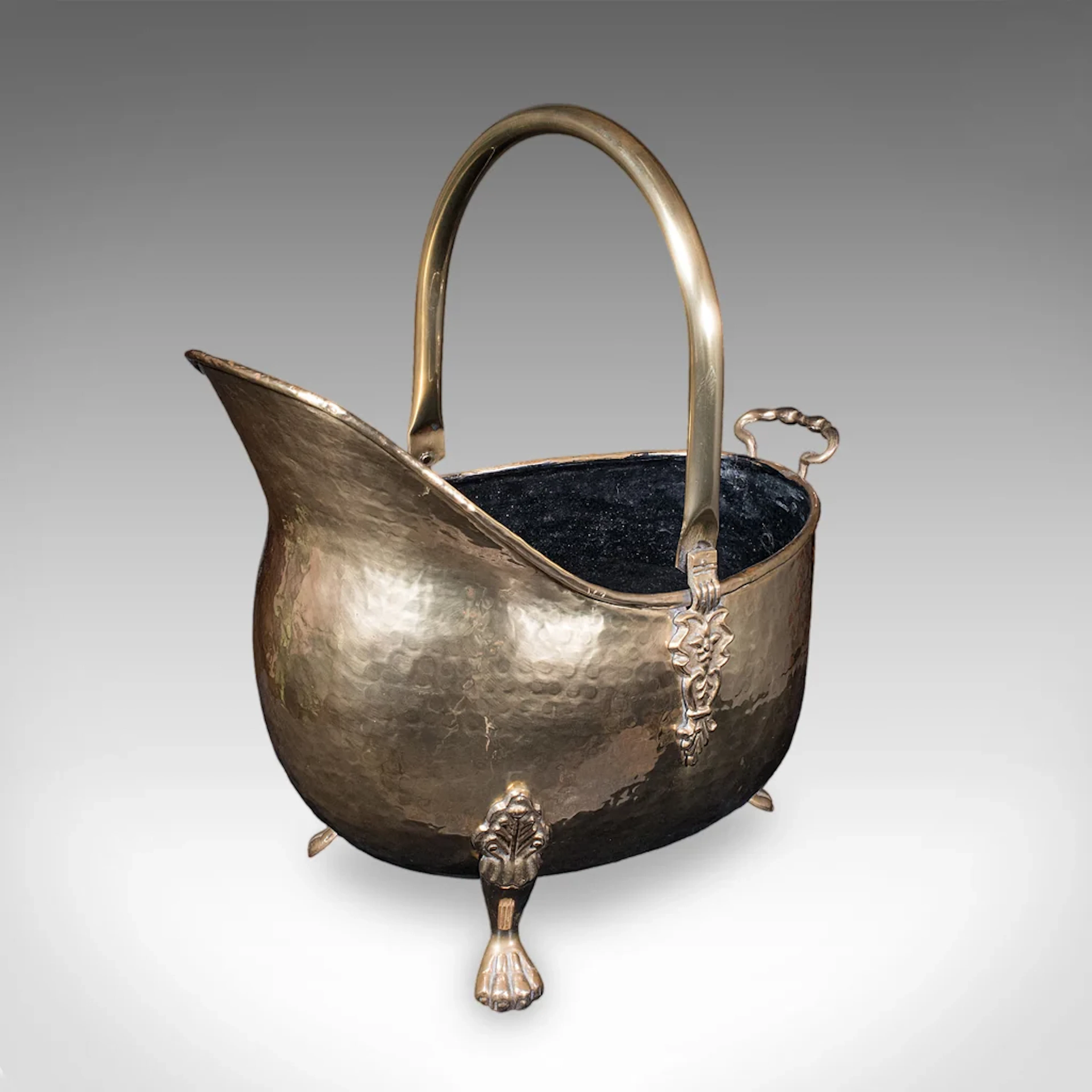 Antique Fireside Coal Bucket, English, Brass, Fireplace Scuttle, Keeper