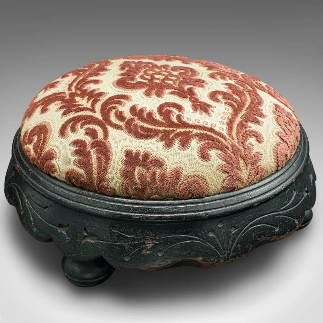 Antique Cushioned Stool, English, Ebonised, Footstool, Art Nouveau, Victorian