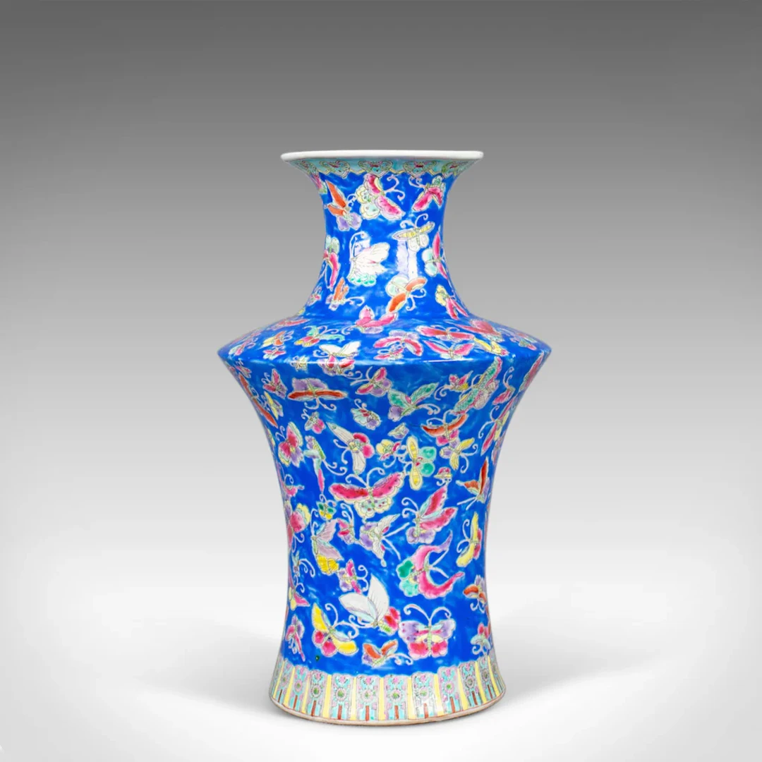 Oriental Flower Vase, Decorative, Ceramic, Butterflies, 20th Century