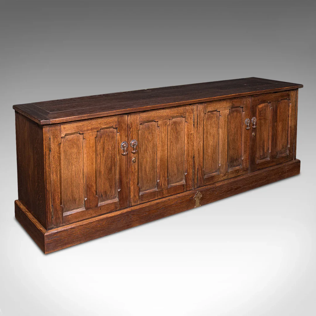 Large Antique Dresser Base, English, Oak, Gothic Revival, Window Seat