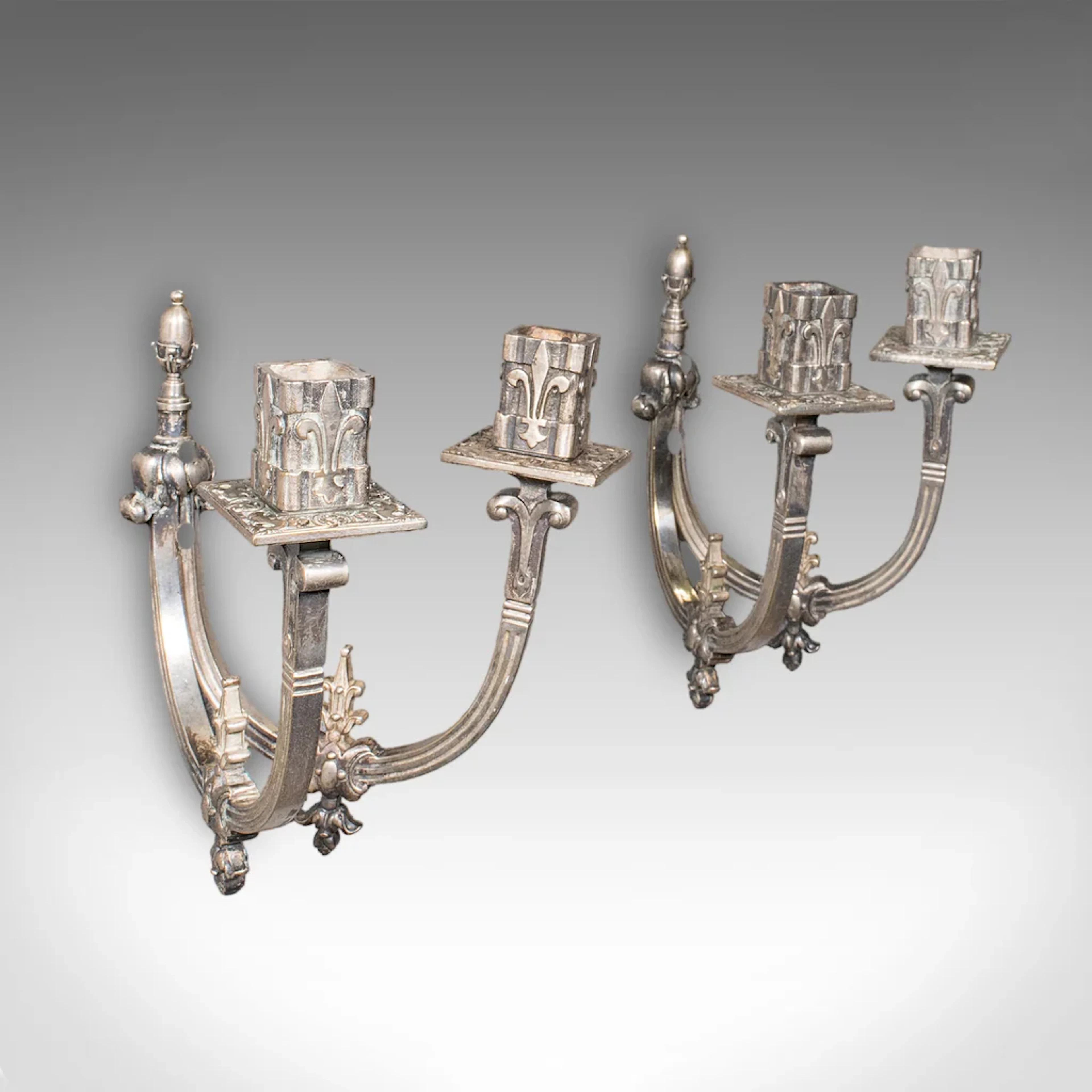Pair of Antique Candle Sconces, French, Wall Lighting, Art Nouveau, Victorian