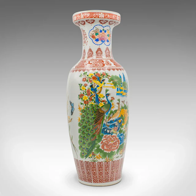 Tall Vintage Peacock Vase, Chinese, Ceramic, Baluster Urn, Art Deco Taste, 1950