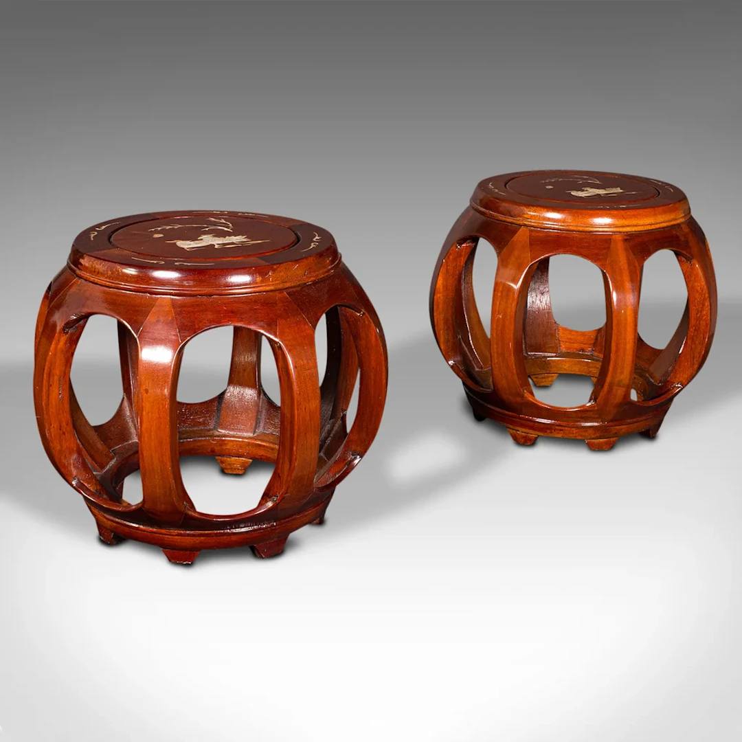 Pair Of Vintage Barrel Stools, Chinese, Inlaid, Decorative Display