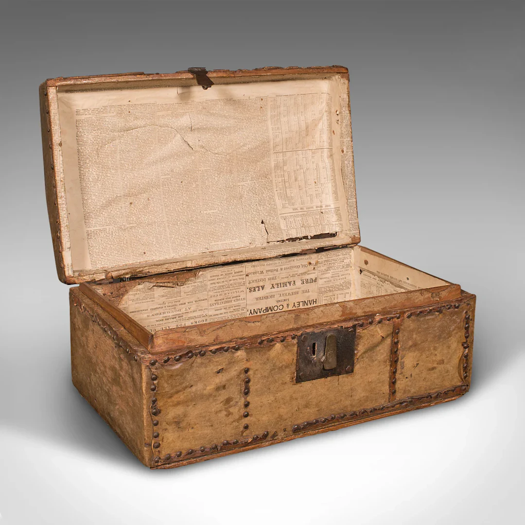 Small Antique Dome Top Chest, Spanish, Leather, Decorative Trunk