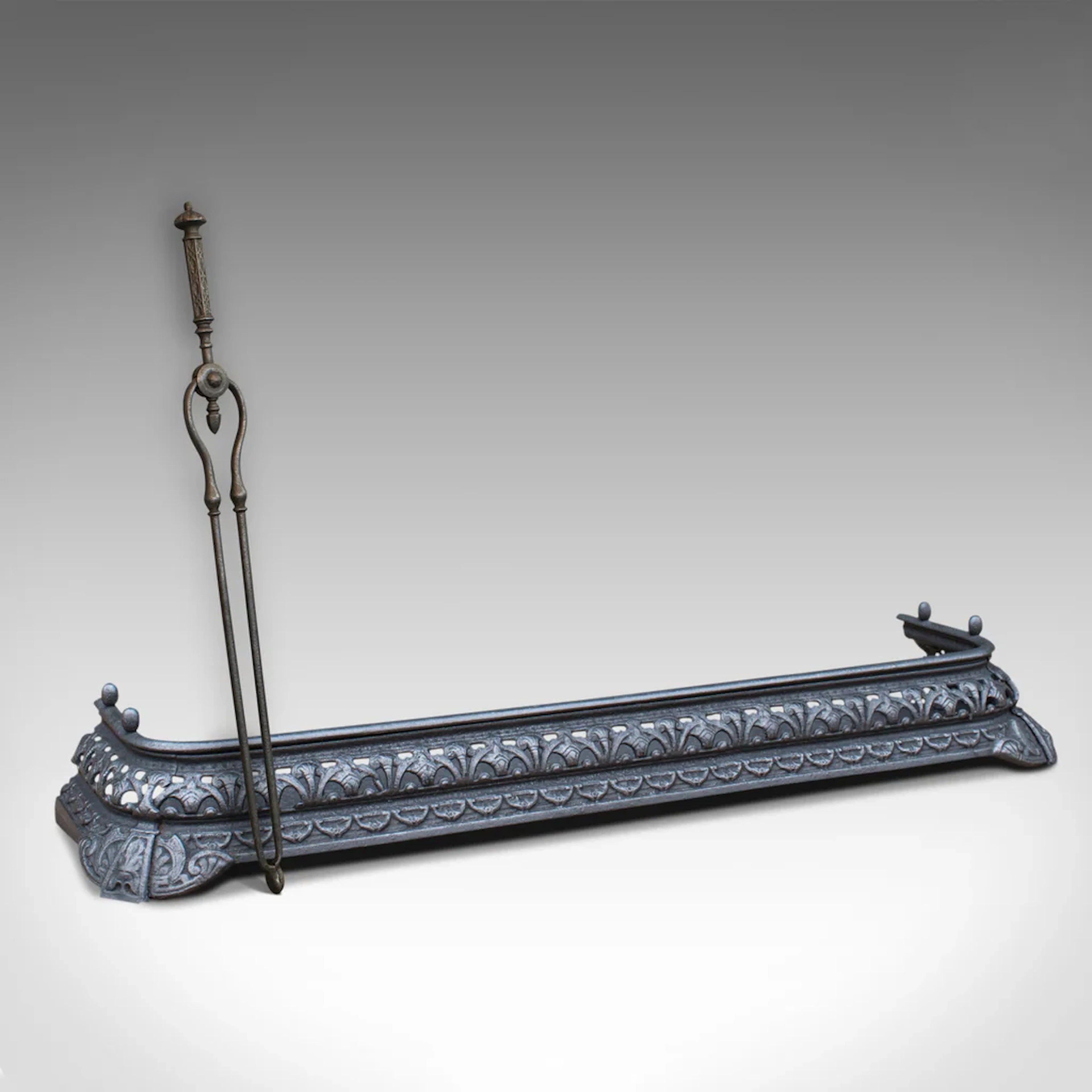 Antique Fire Kerb, Companion Tongs, English, Iron, Fireside Set, Victorian