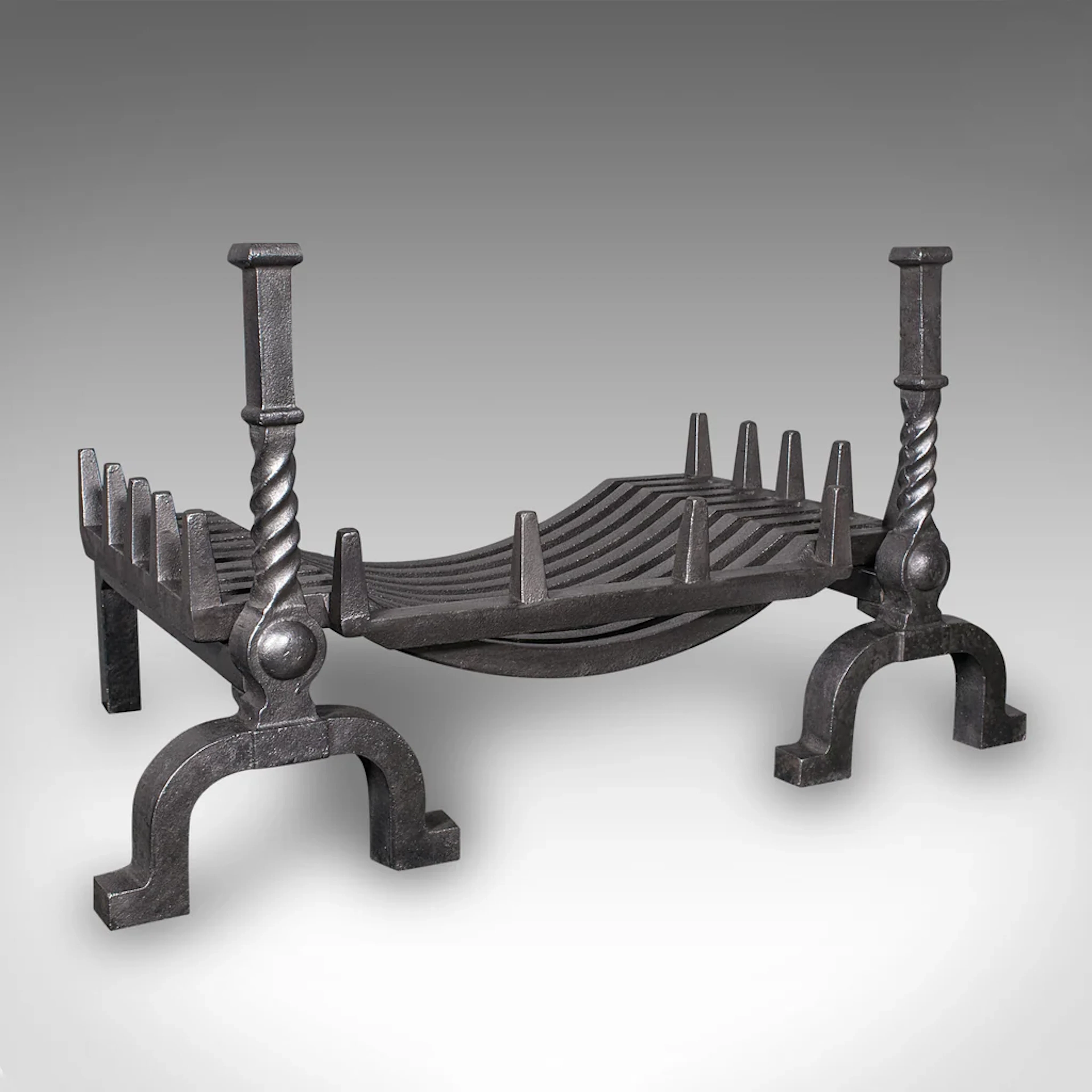 Antique Fireplace Set, English Cast Iron, Fire Basket, Andirons, Edwardian