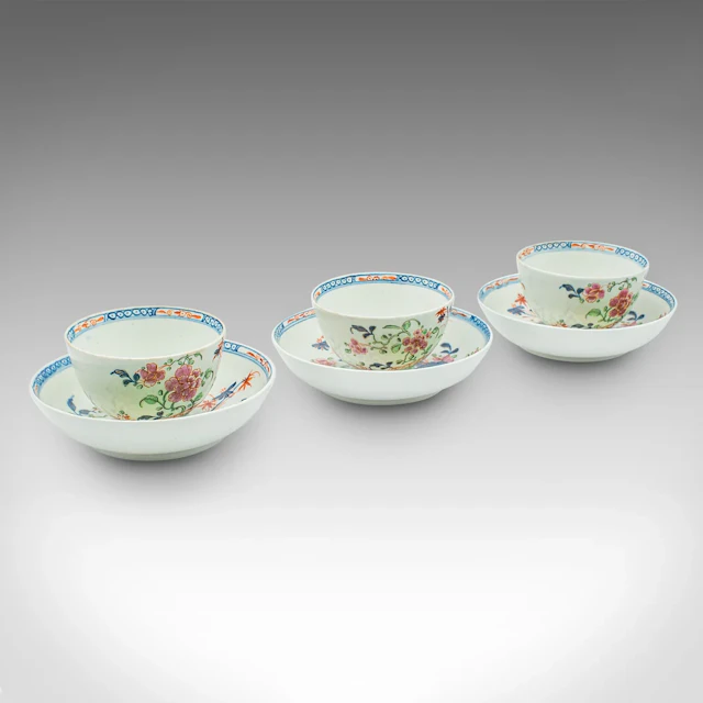 Antique Trio Of Small Oriental Teacups, Chinese Ceramic, Famille Rose
