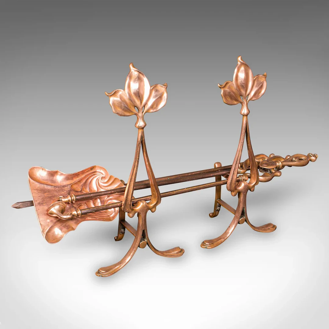 Antique Fireside Companion Set, French Bronze Fire Tools, Art Nouveau