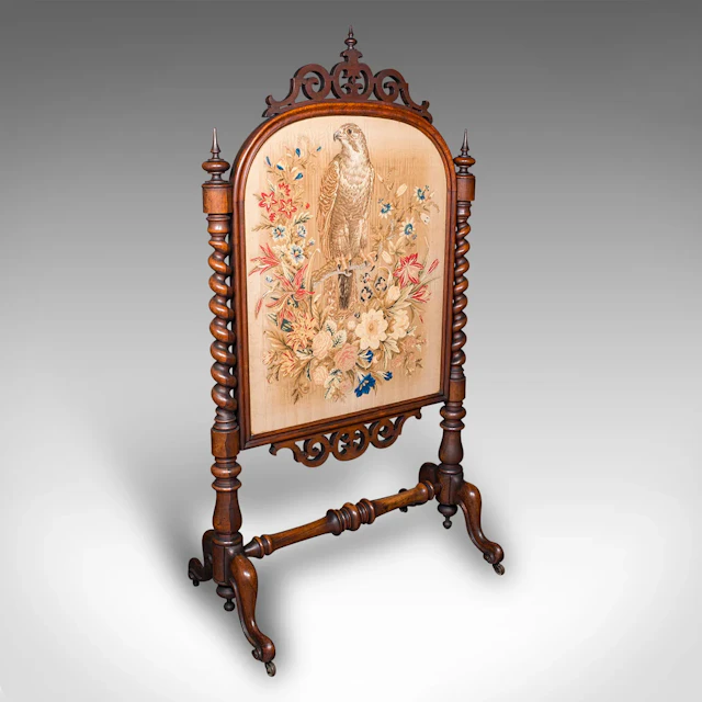 Antique Embroidered Fire Screen, English, Walnut, Needlepoint, Early Victorian