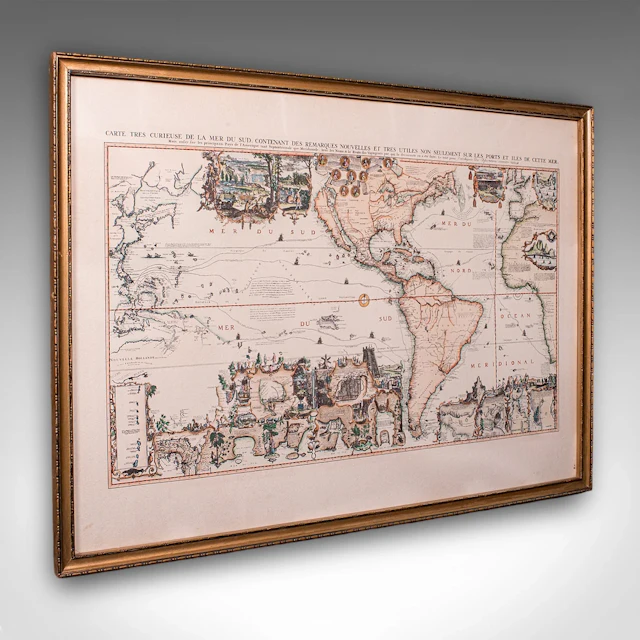 Vintage Voyage Map, French, After Henri Chatelain, Americas, Framed Cartography